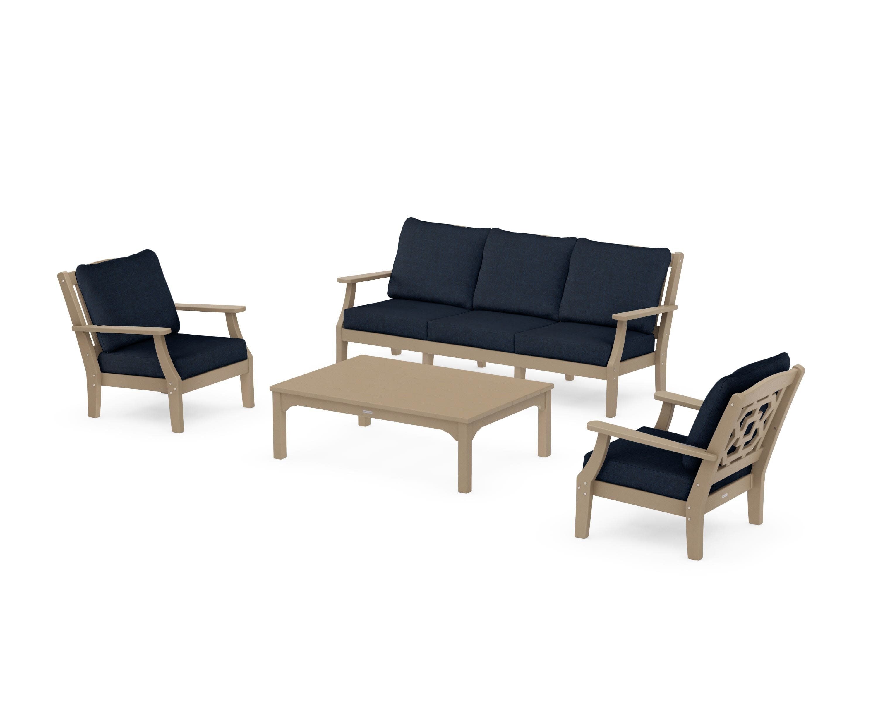 Chinoiserie 4-Piece Deep Seating Set with Sofa in Vintage Sahara / Marine Indigo