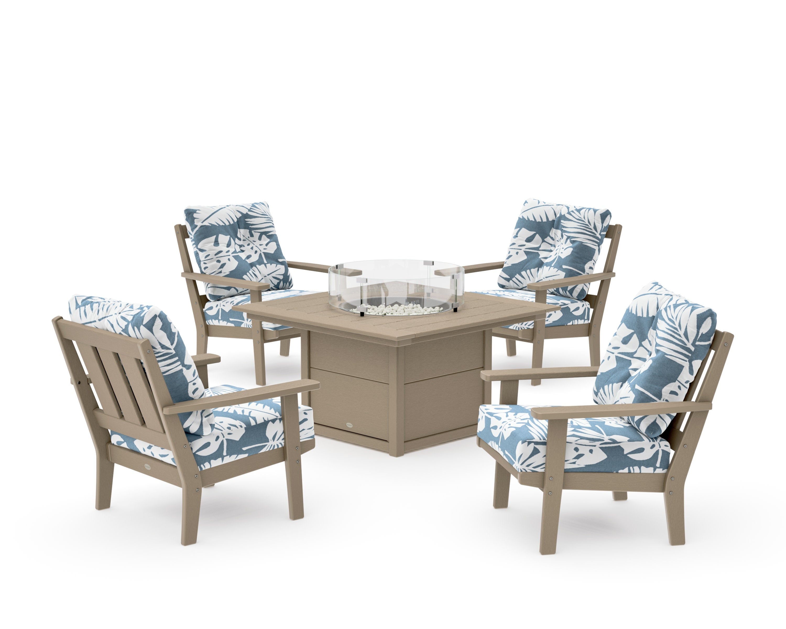 Oxford 5-Piece Deep Seating Set with Fire Pit Table in Vintage Sahara / Leaf Sky Blue