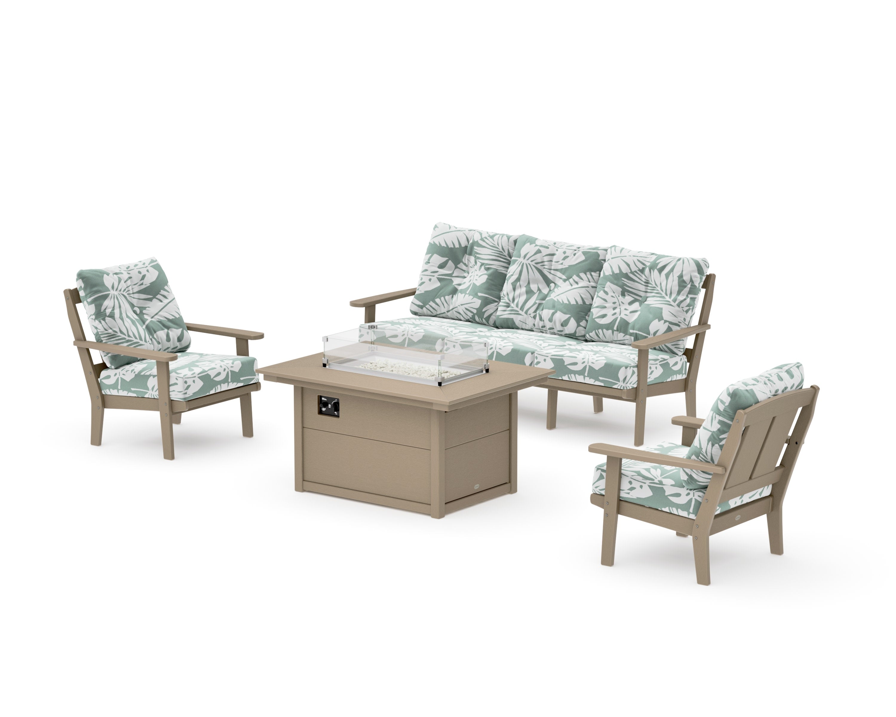 Mission Deep Seating Fire Pit Table Set in Vintage Sahara / Leaf Glacier Spa