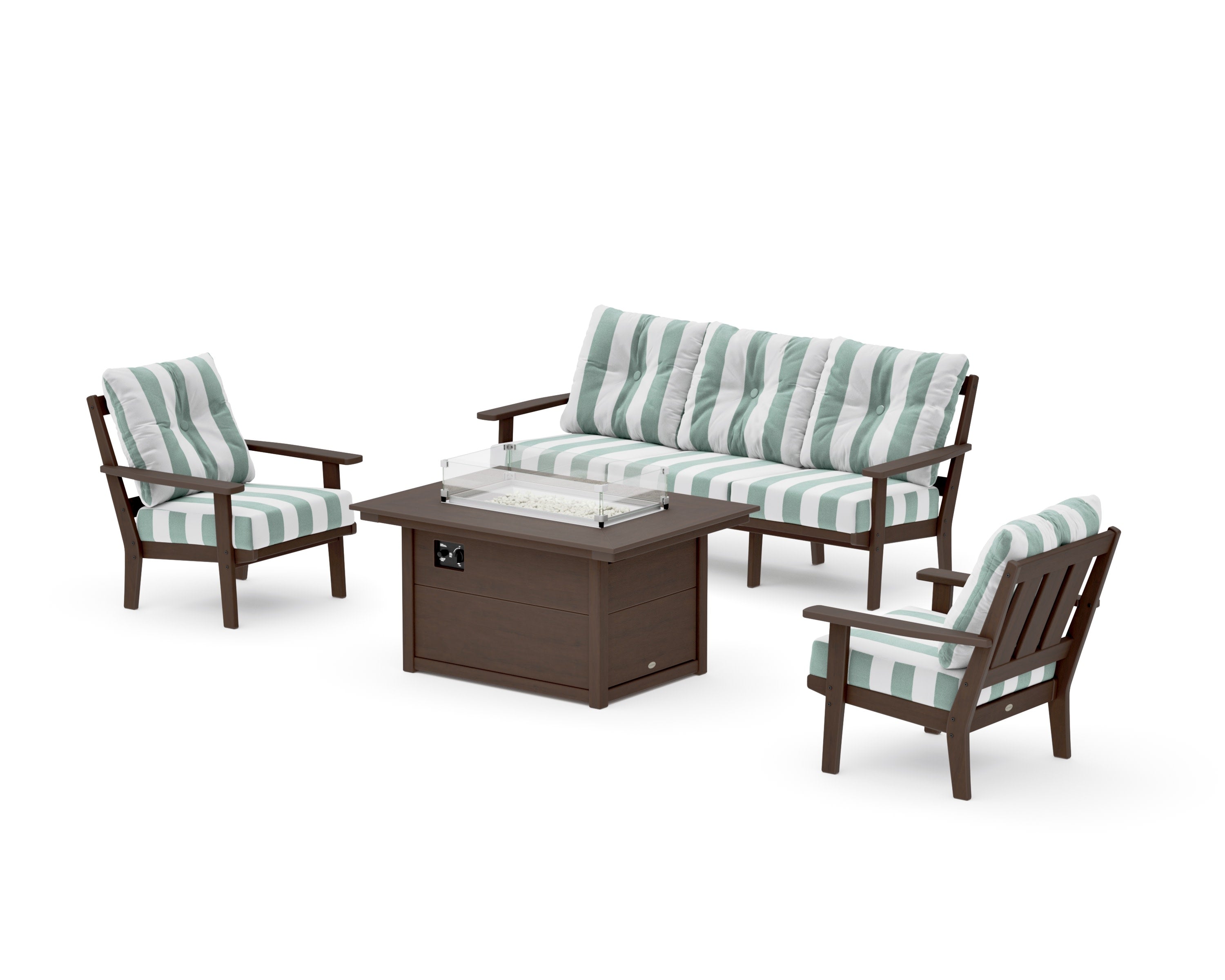 Oxford Deep Seating Fire Pit Table Set in Kona / Cabana Stripe Glacier Spa
