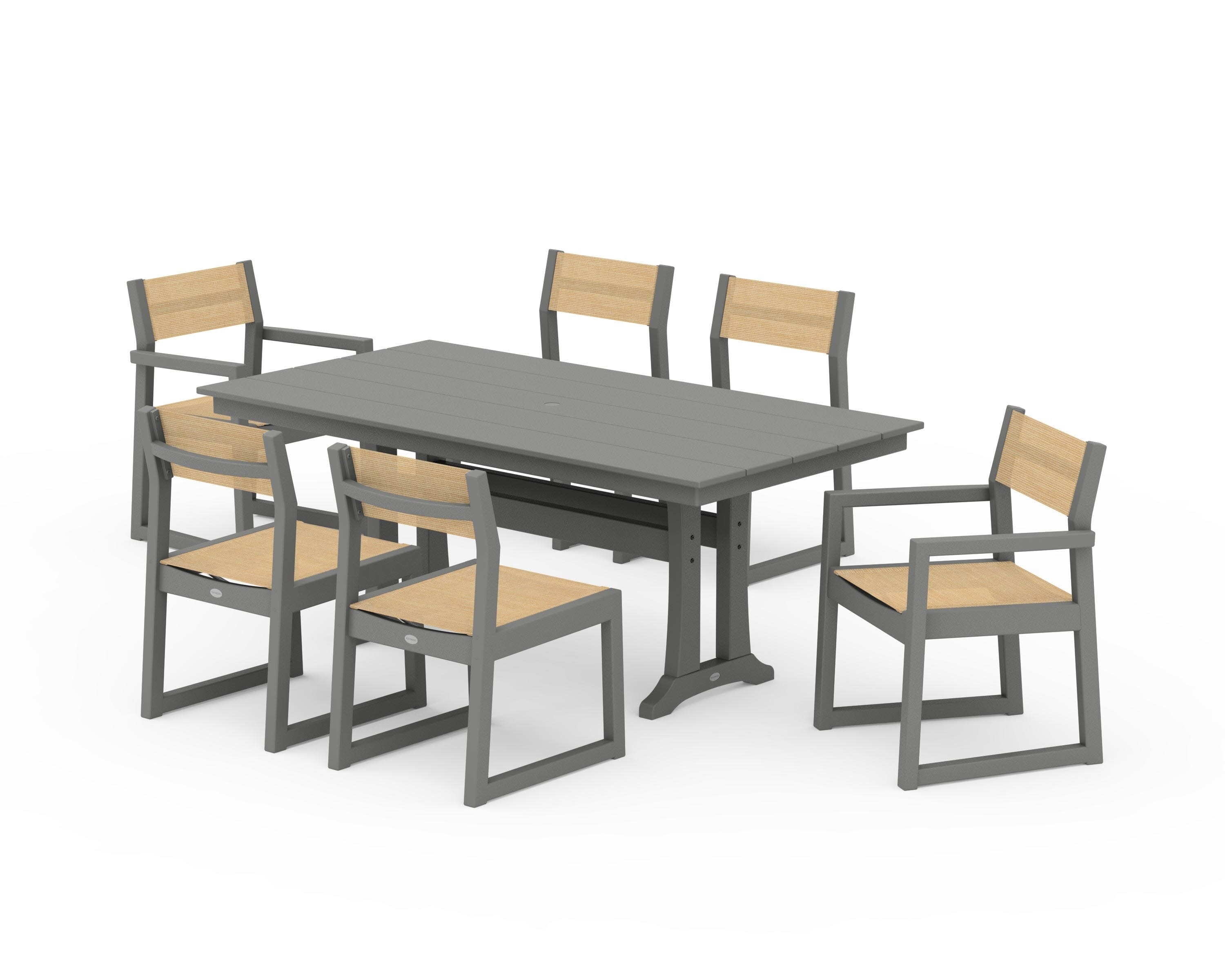 EDGE Sling 7-Piece Farmhouse Trestle Dining Set in Slate Grey / Dupioni Apricot Sling
