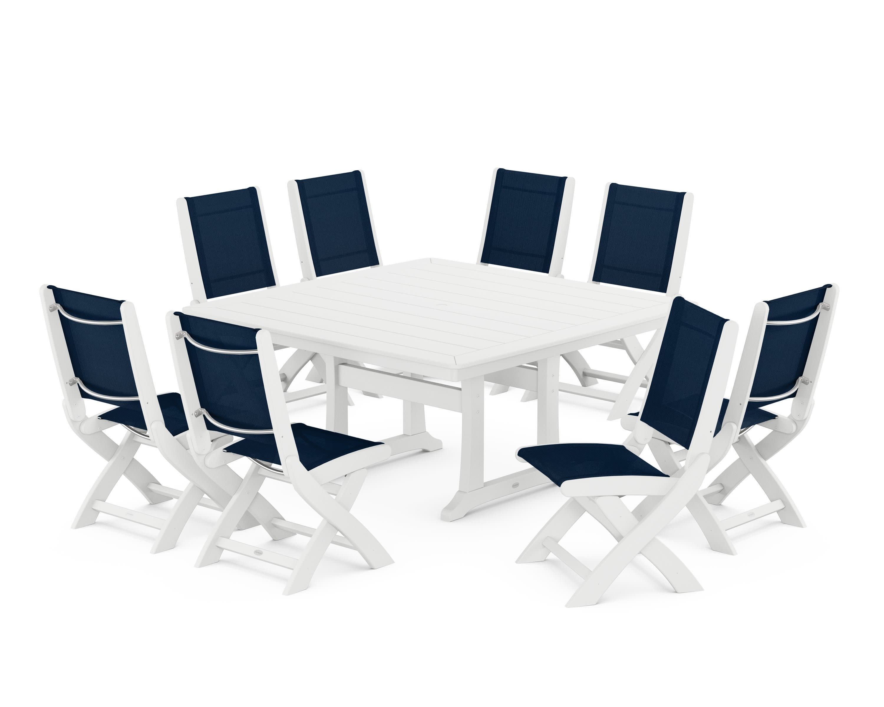 Coastal Folding Side Chair 9-Piece Dining Set with Trestle Legs in White / Navy Blue Sling