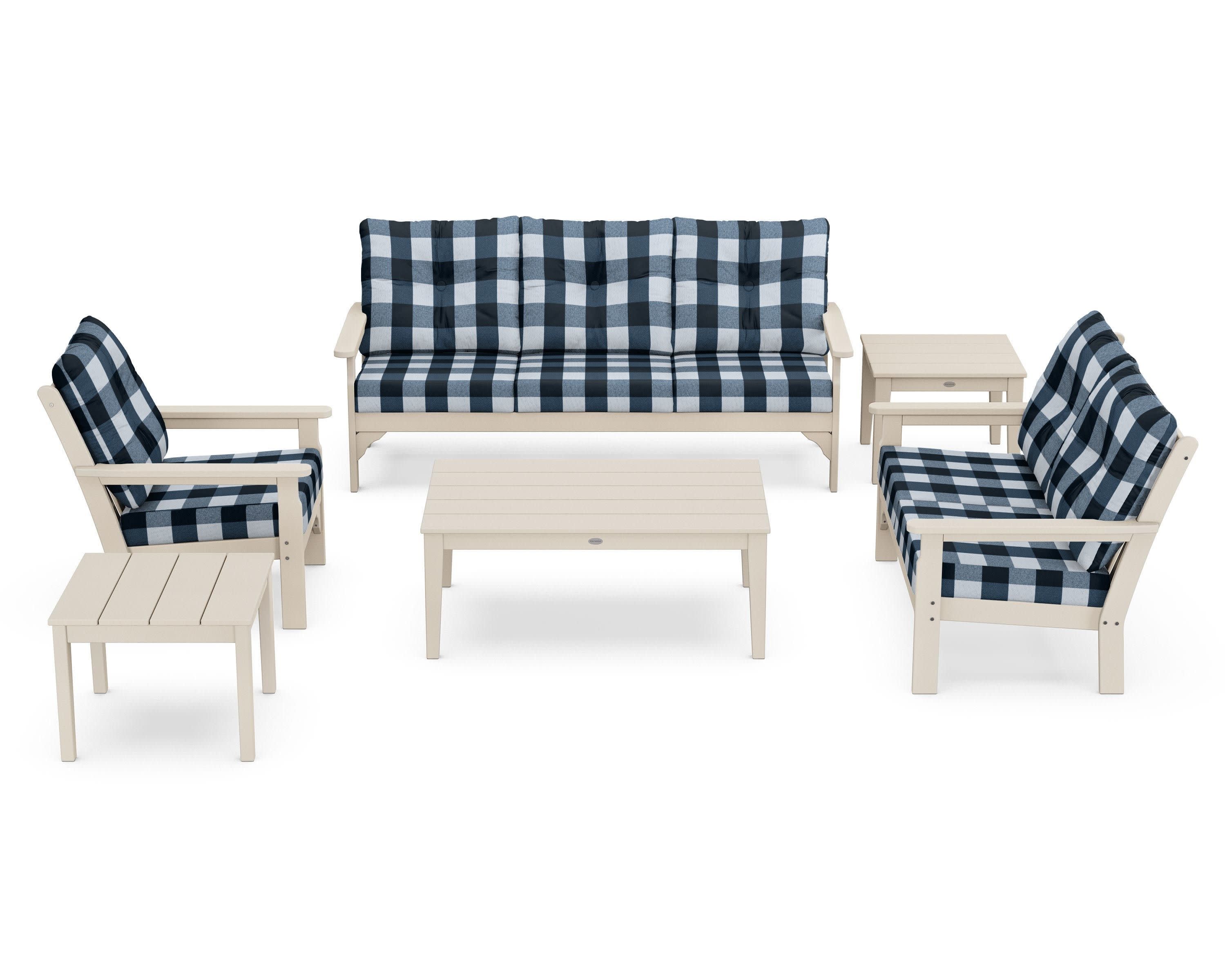 Vineyard 6-Piece Deep Seating Set in Sand / Buffalo Plaid Marine Indigo