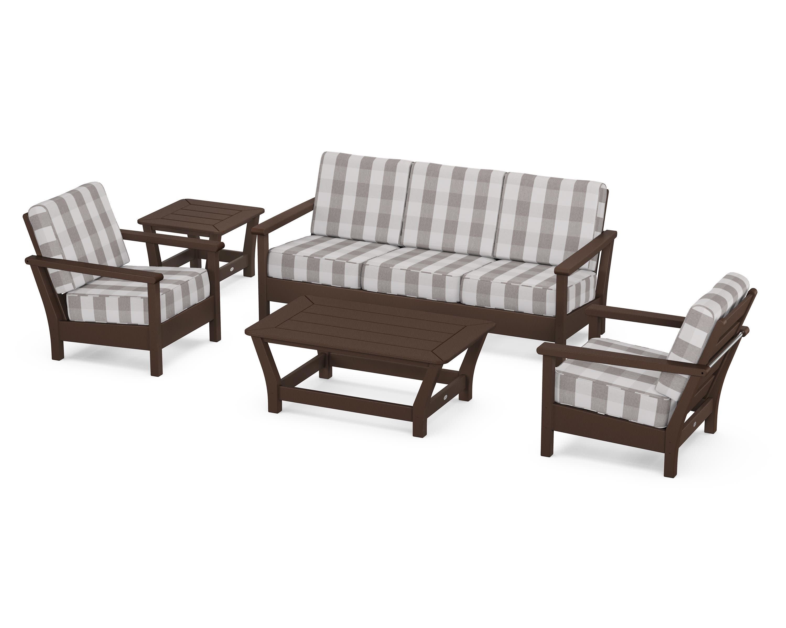 Harbour 5-Piece Deep Seating Set in Mahogany / Buffalo Plaid Grey Mist