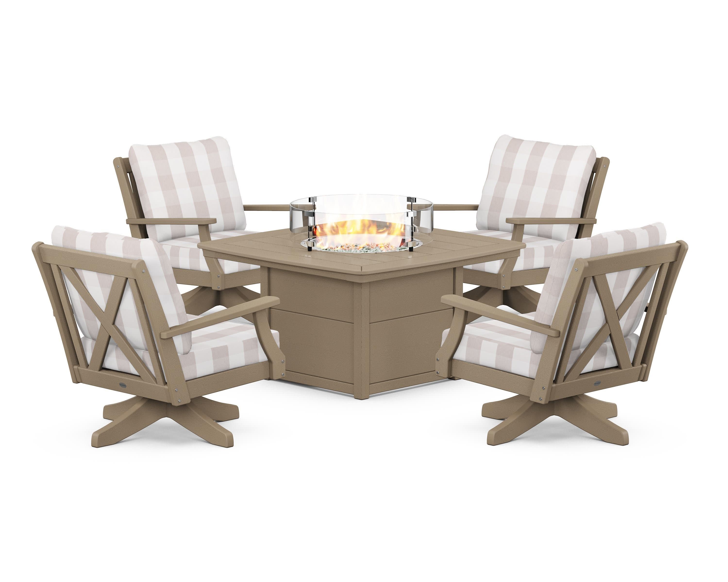 Braxton 5-Piece Deep Seating Swivel Conversation Set with Fire Pit Table in Vintage Sahara / Buffalo Plaid Dune Burlap