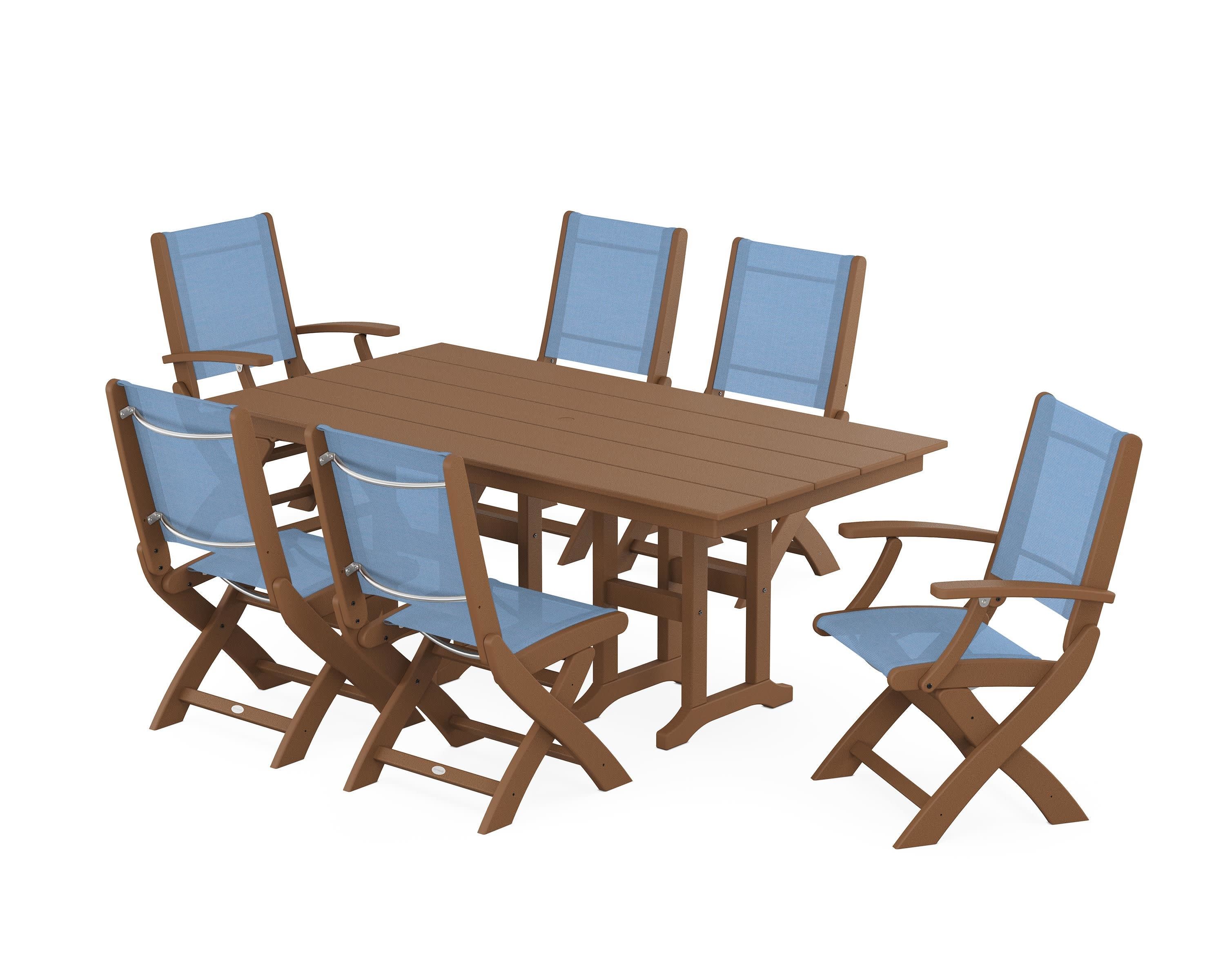 Coastal Folding Chair 7-Piece Farmhouse Dining Set in Teak / Poolside Sling