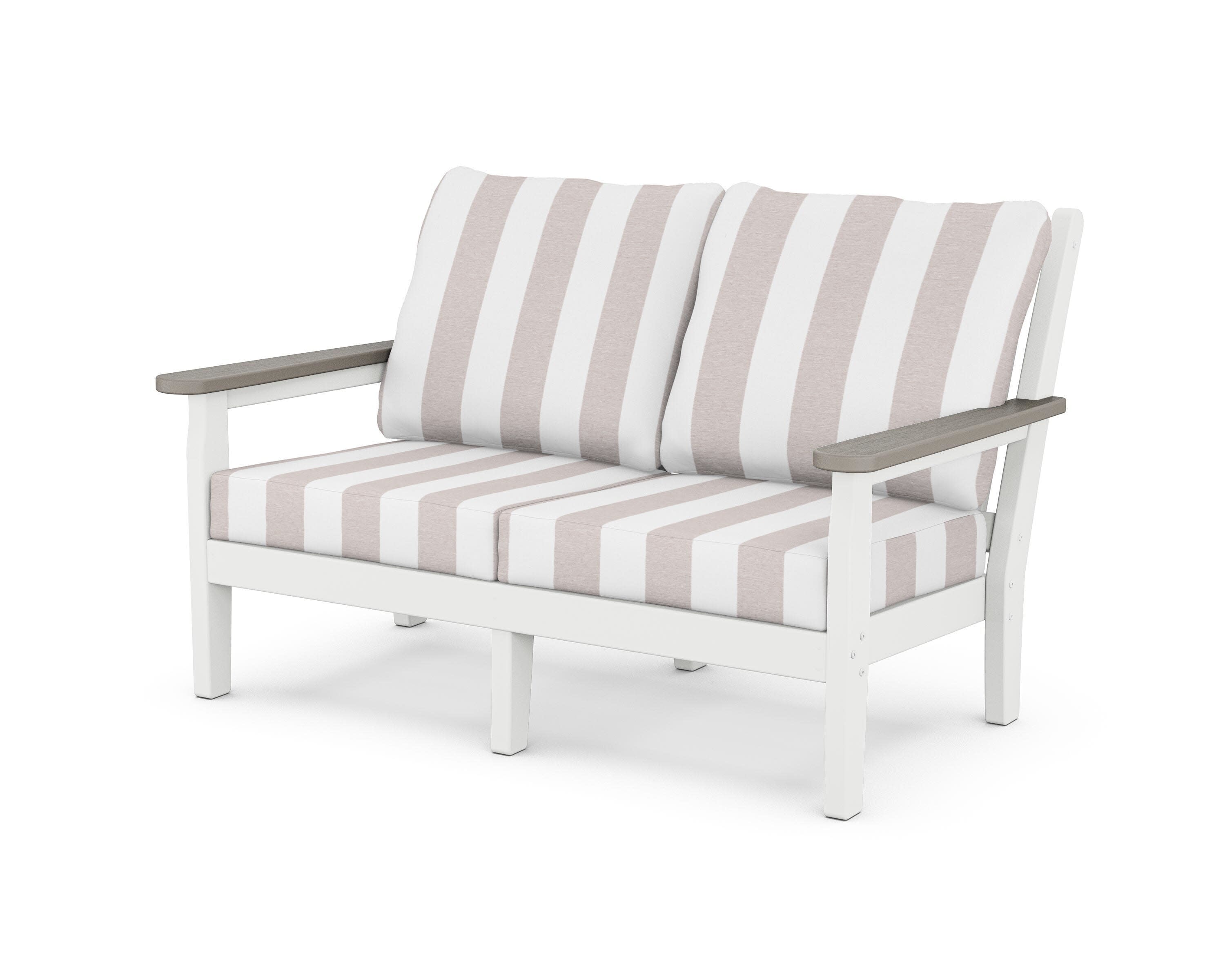 Chippendale Deep Seating Loveseat in White / Driftwood / Cabana Stripe Dune Burlap
