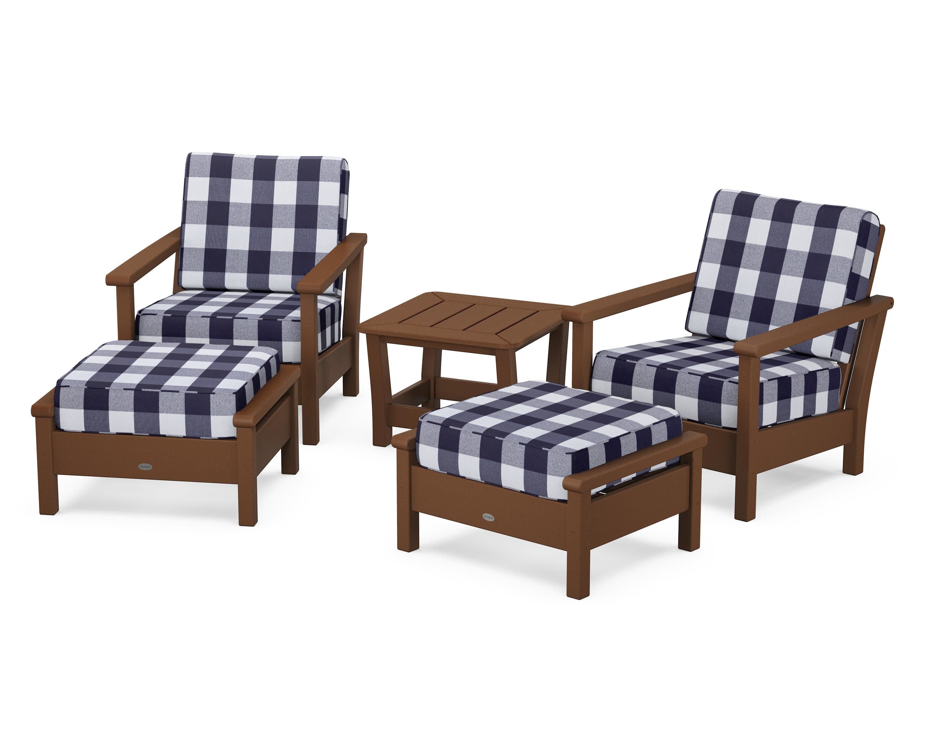 Harbour 5-Piece Deep Seating Chair Set in Teak / Buffalo Plaid Navy