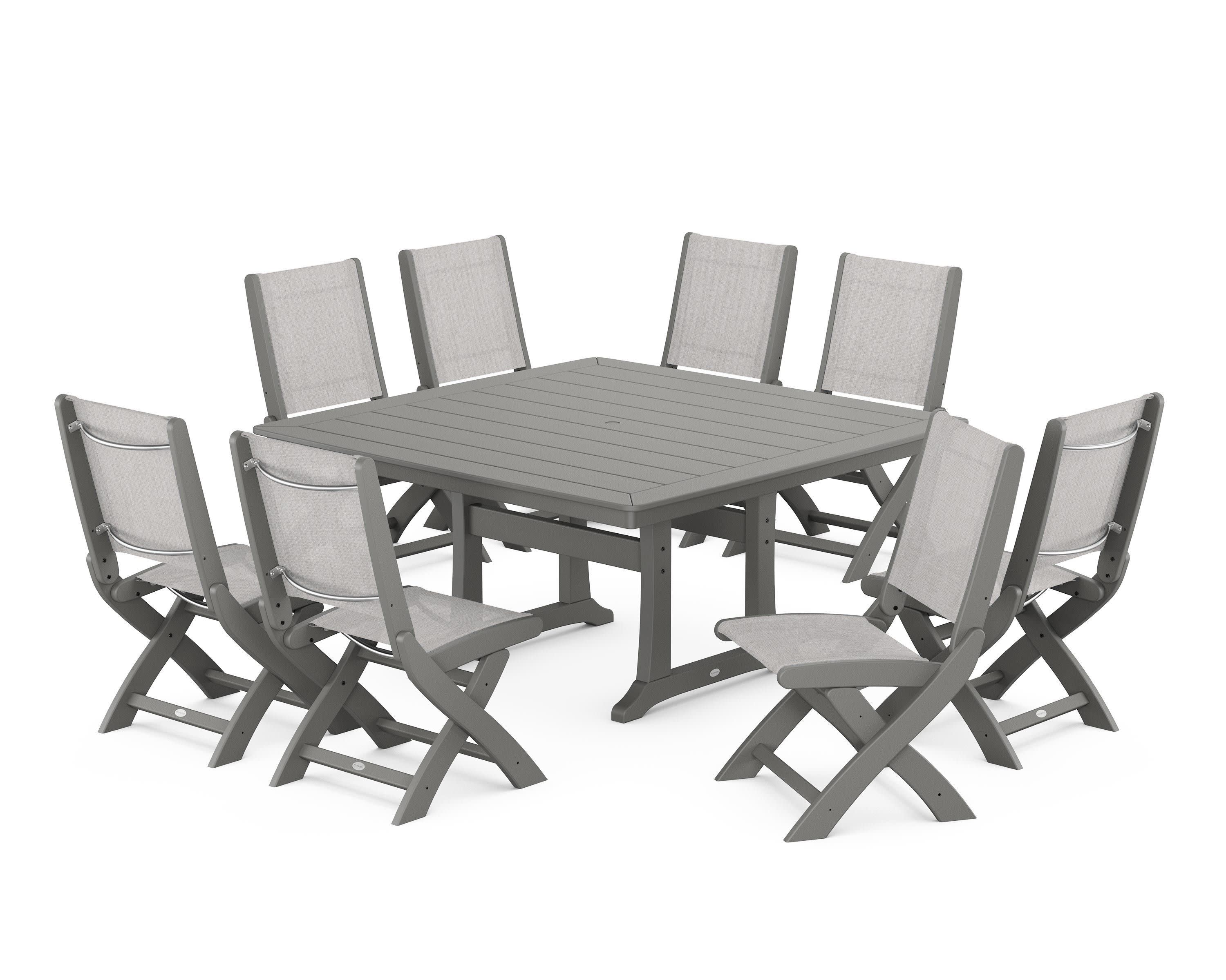 Coastal Folding Side Chair 9-Piece Dining Set with Trestle Legs in Slate Grey / Parchment Sling