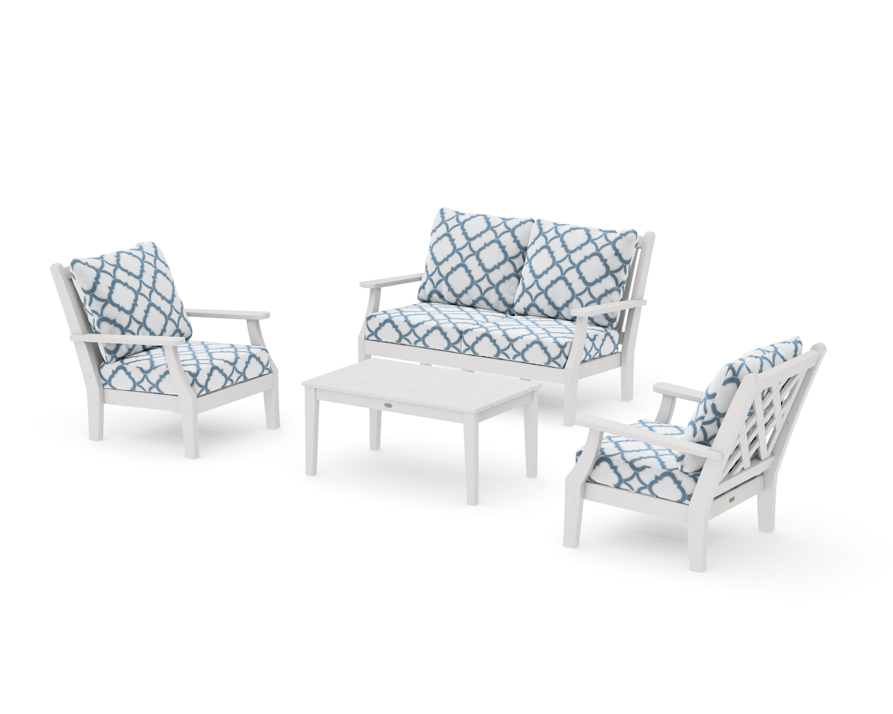 Wovendale 4-Piece Deep Seating Set with Loveseat in Vintage White / Trellis Sky Blue