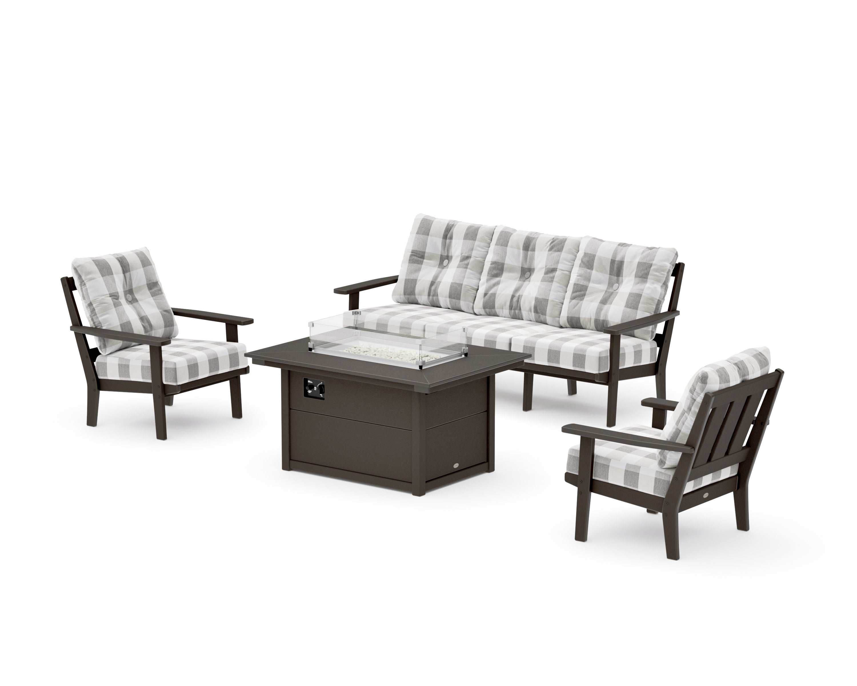 Oxford Deep Seating Fire Pit Table Set in Vintage Coffee / Buffalo Plaid Grey Mist