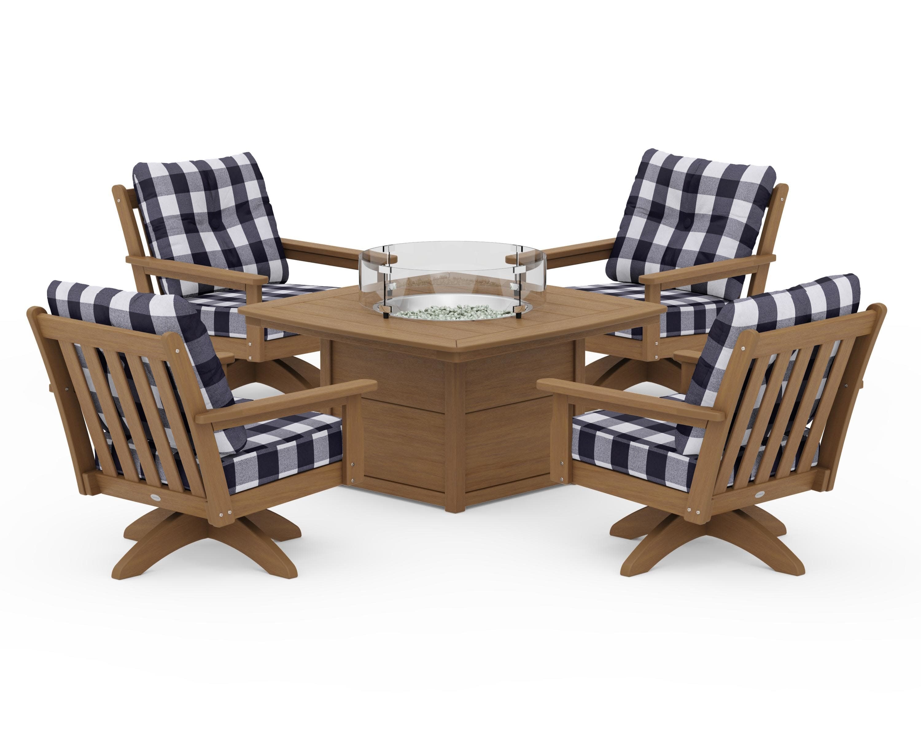 Vineyard 5-Piece Deep Seating Swivel Conversation Set with Fire Pit Table in Natural / Buffalo Plaid Navy