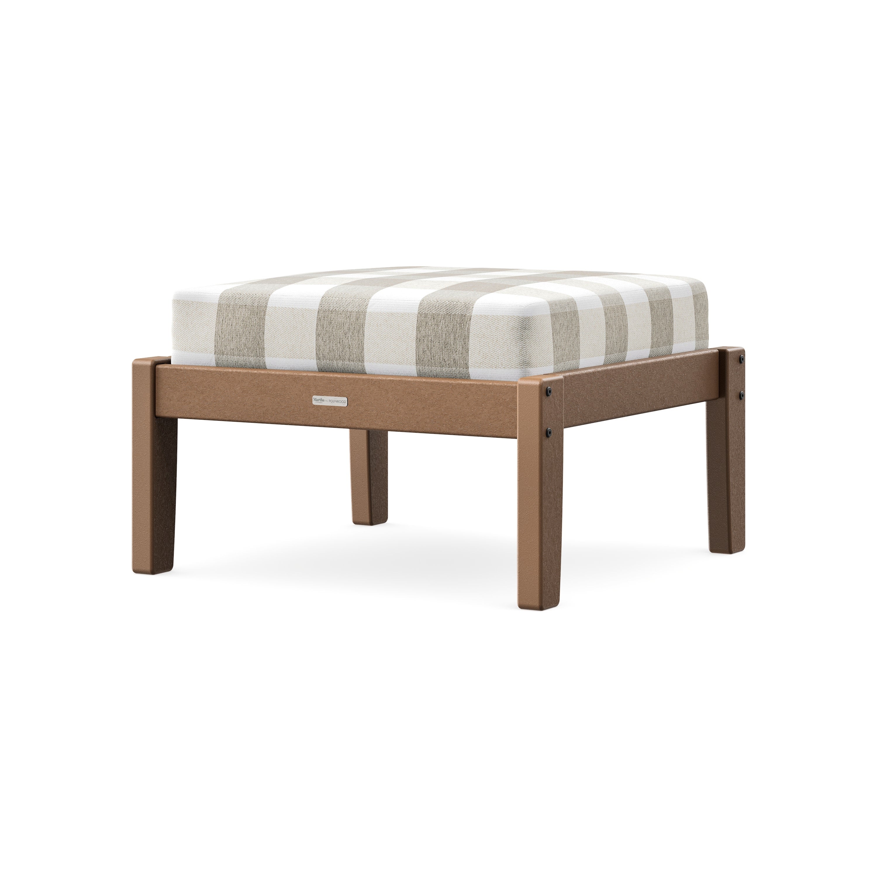 Chinoiserie Deep Seating Ottoman in Teak / Buffalo Plaid Dune Burlap
