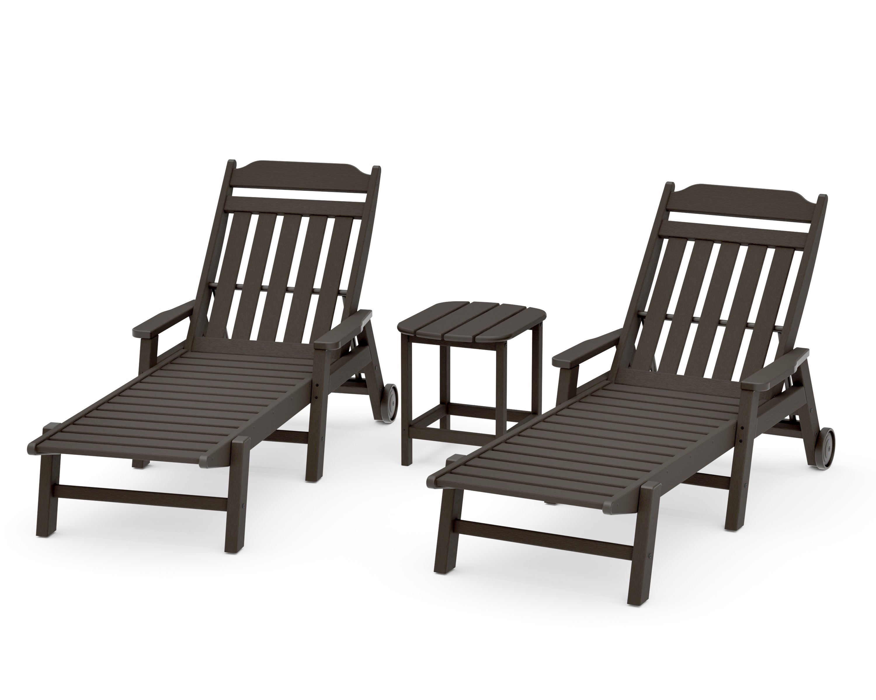 Cottage 3-Piece Chaise Set with Arms and Wheels in Vintage Coffee