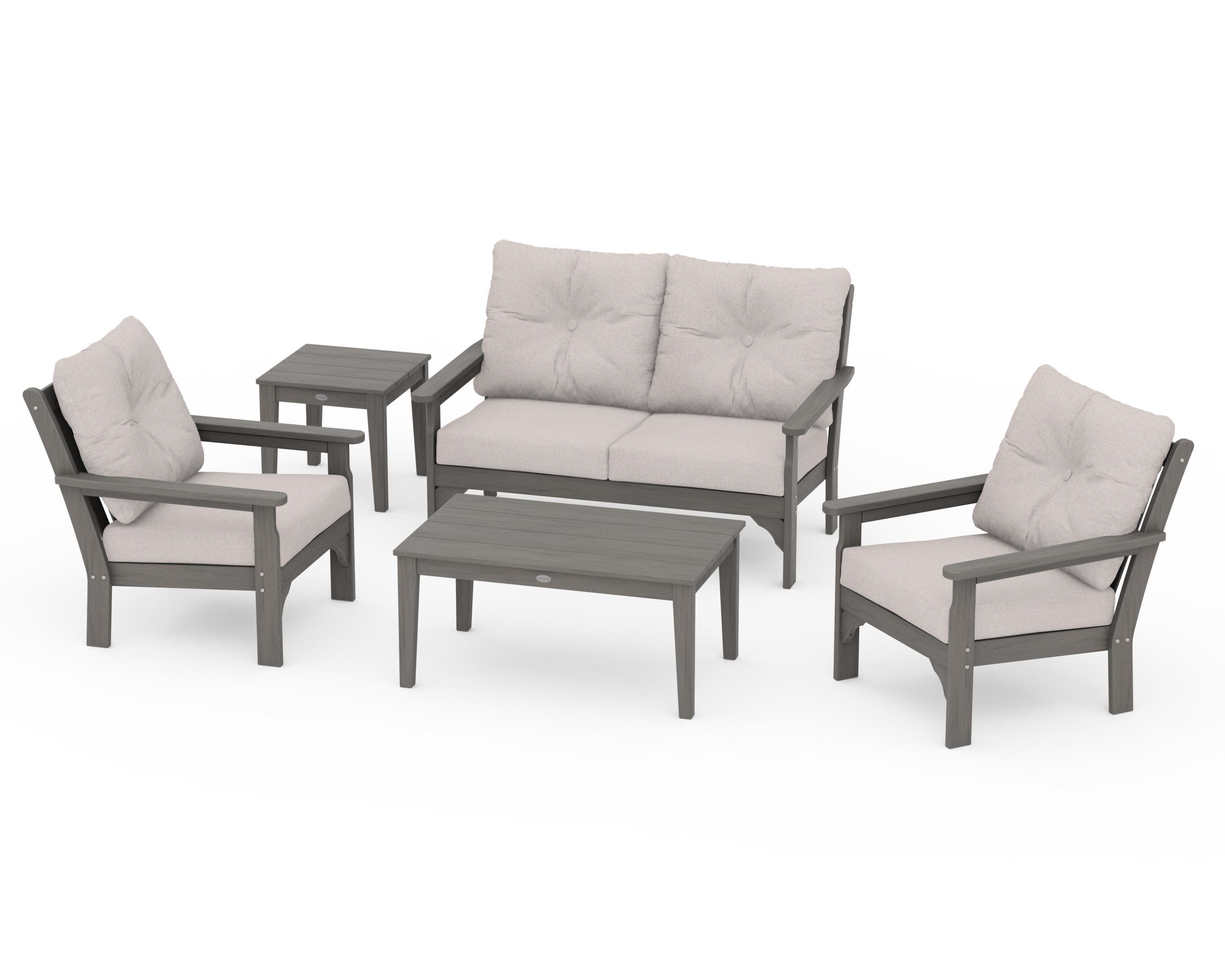 Vineyard 5-Piece Deep Seating Set in Driftwood / Dune Burlap