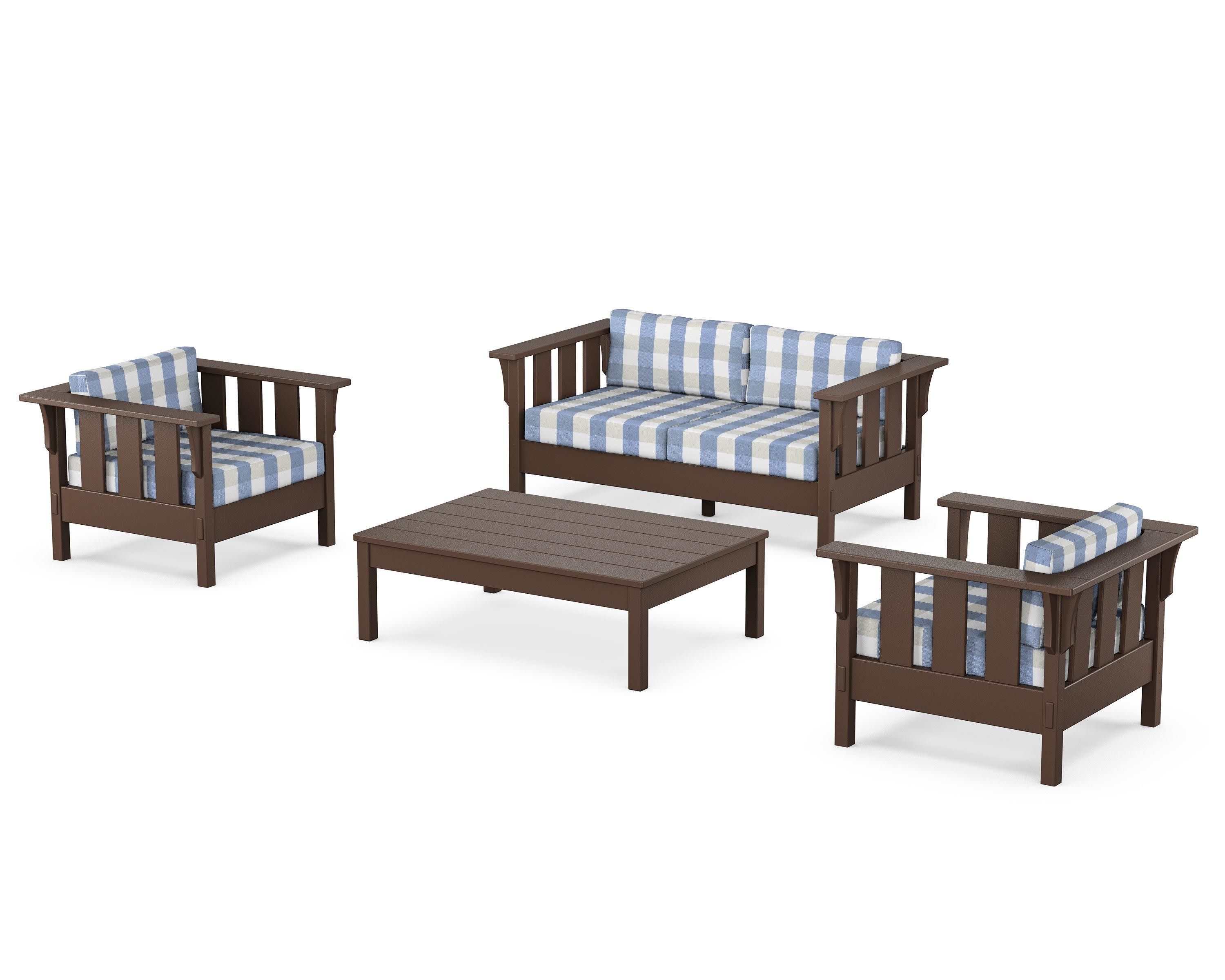 Acadia 4-Piece Deep Seating Set with Loveseat in Mahogany / Buffalo Plaid Sky Blue