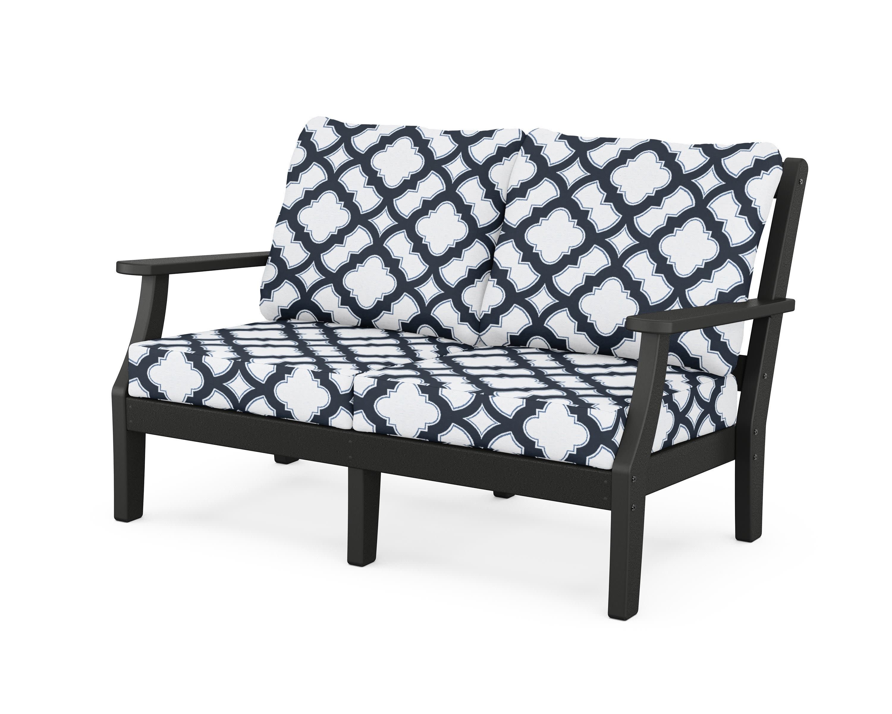 Chinoiserie Deep Seating Loveseat in Black / Trellis Marine Indigo