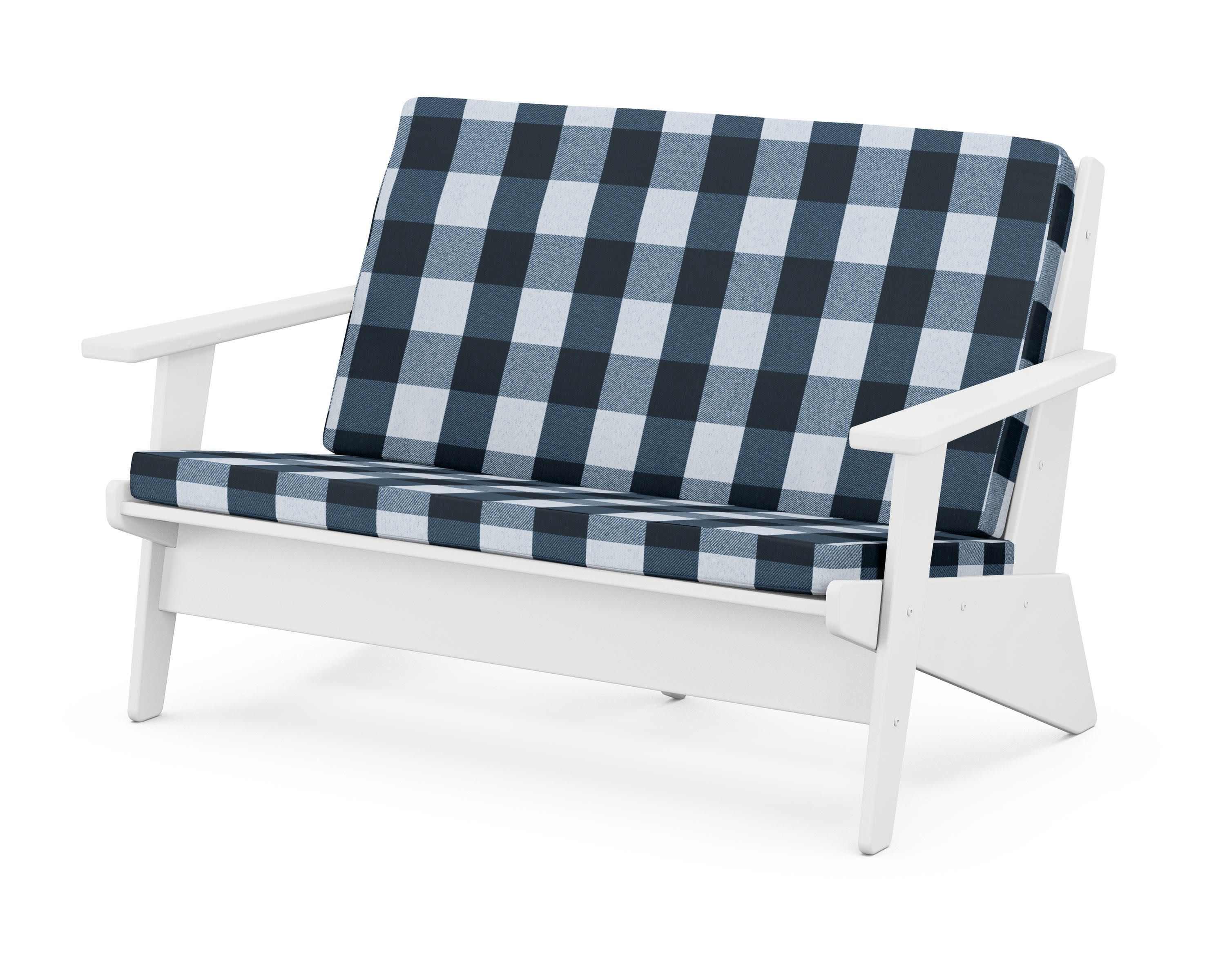 Riviera Modern Lounge Loveseat in White / Buffalo Plaid Marine Indigo