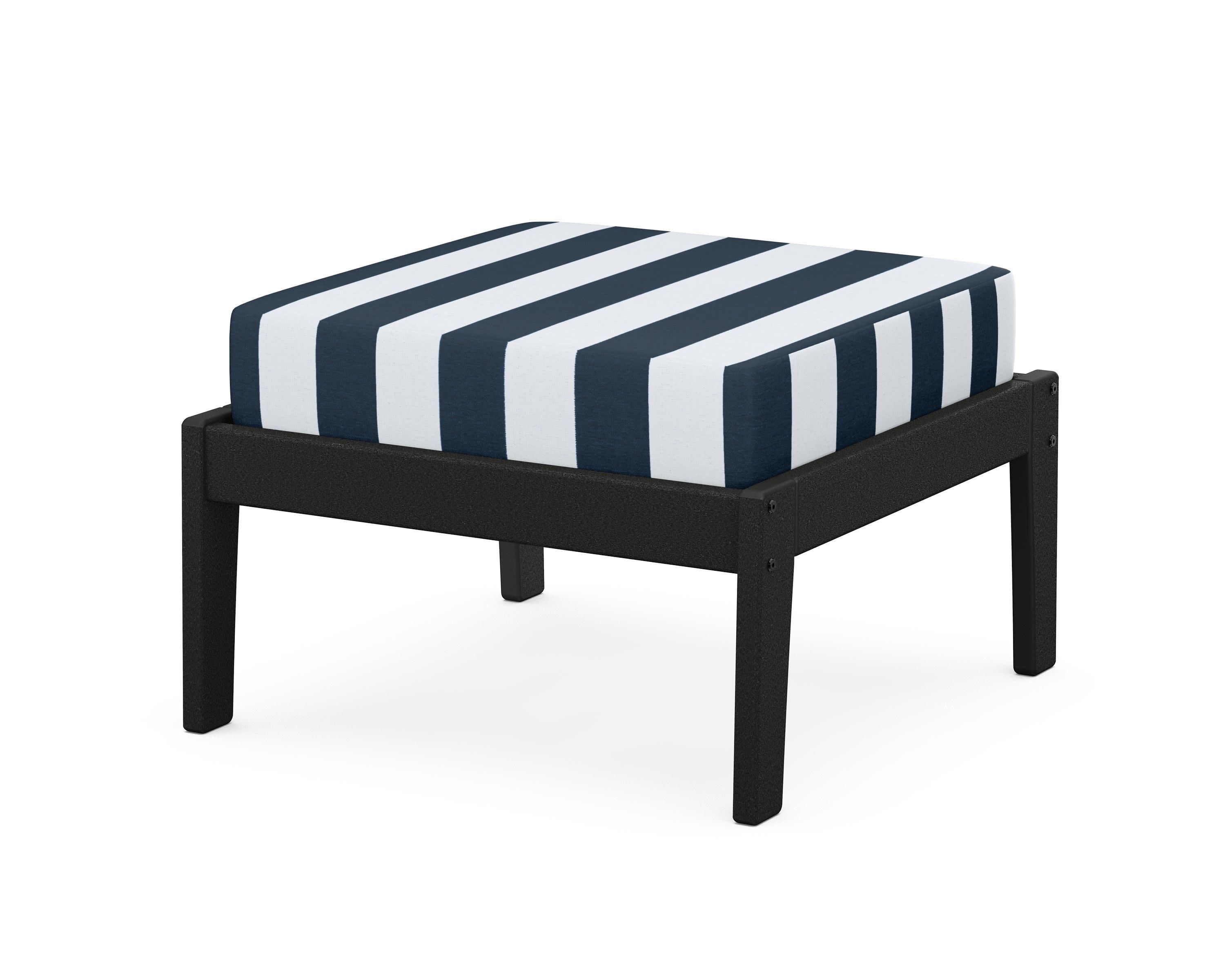 Deep Seating Ottoman in Black / Cabana Stripe Marine Indigo