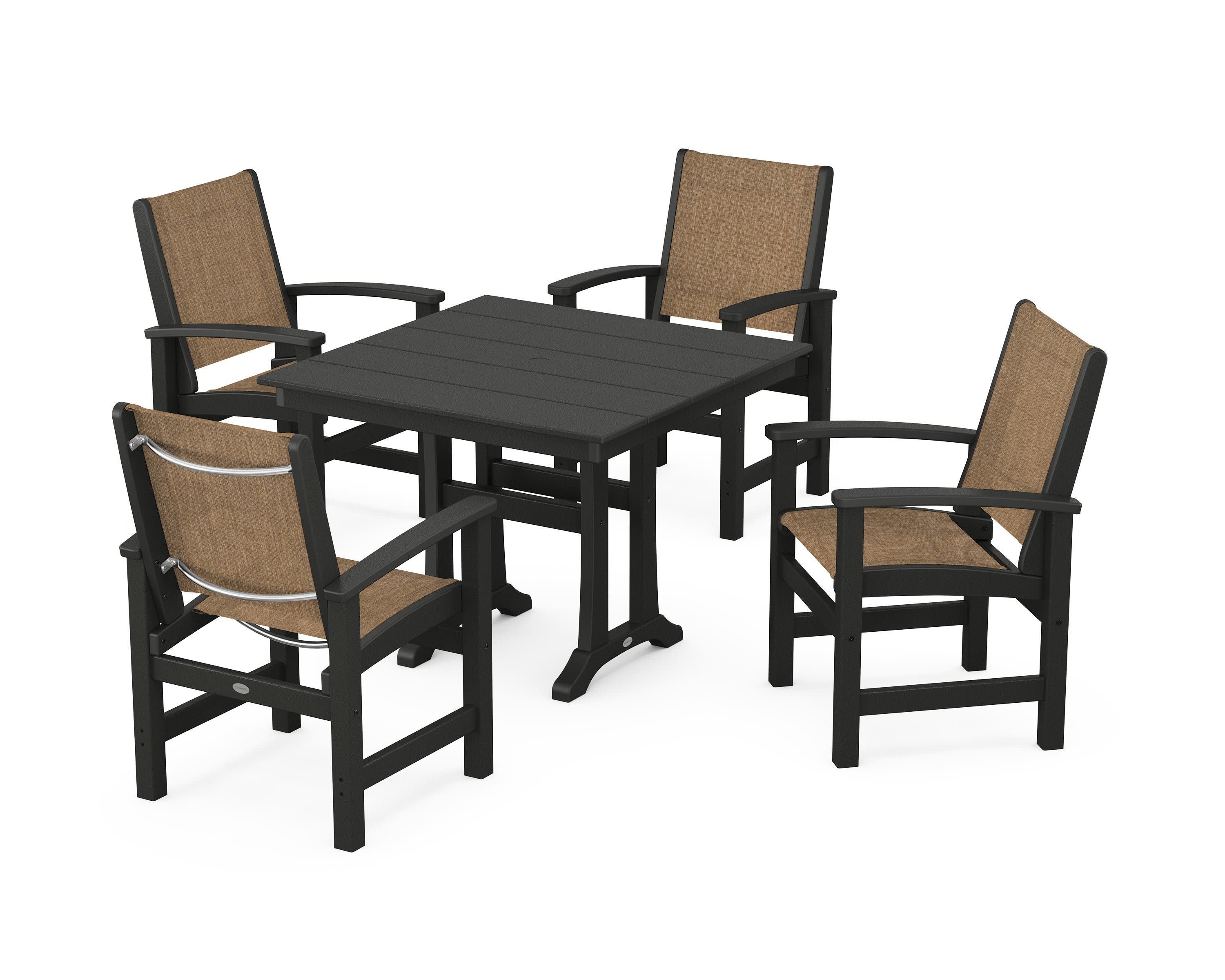 Coastal 5-Piece Farmhouse Dining Set With Trestle Legs in Black / Burlap Sling