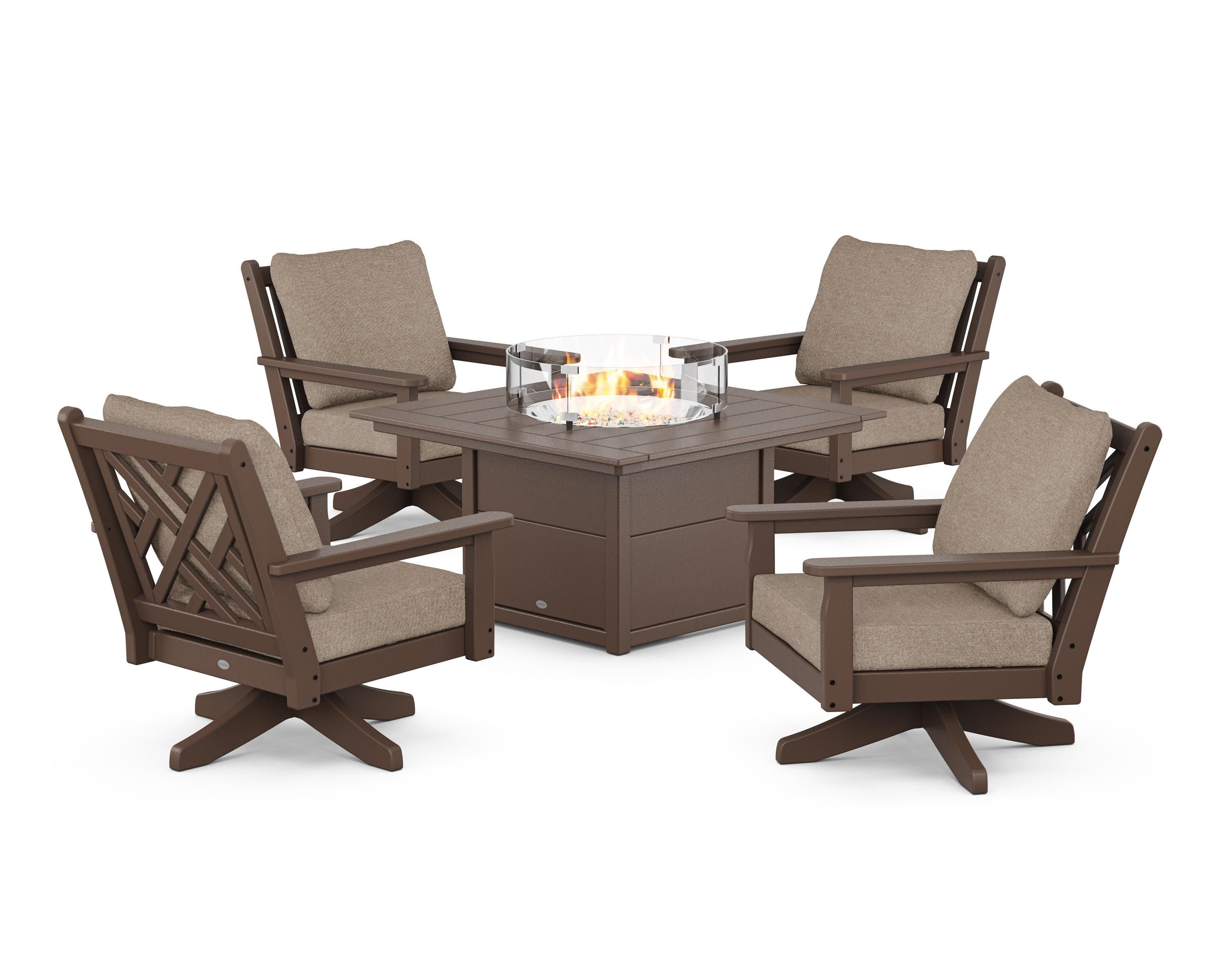 Chippendale 5-Piece Deep Seating Swivel Conversation Set with Fire Pit Table in Mahogany / Spiced Burlap