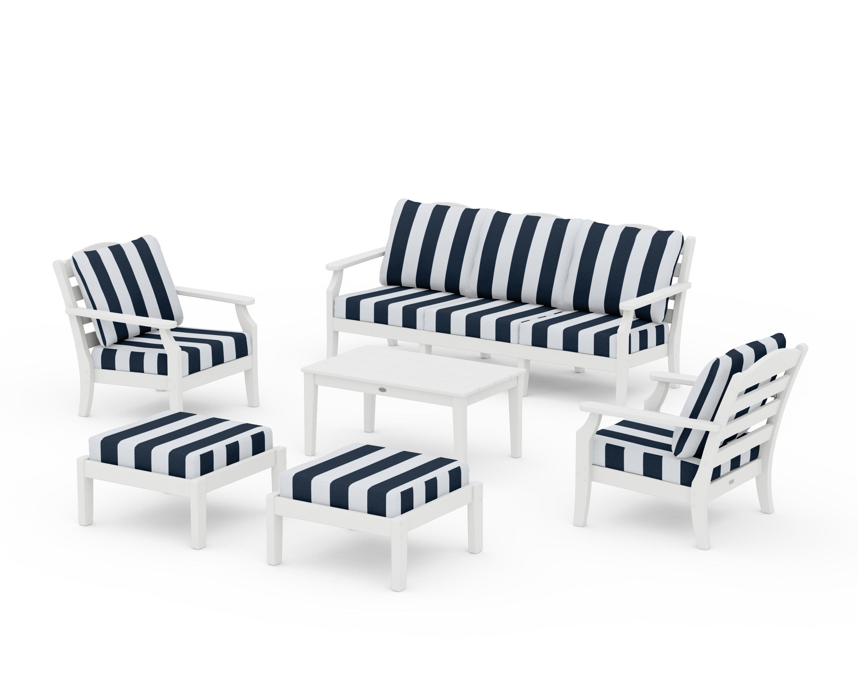 Savannah 6-Piece Lounge Sofa Set in Vintage White / Cabana Stripe Marine Indigo
