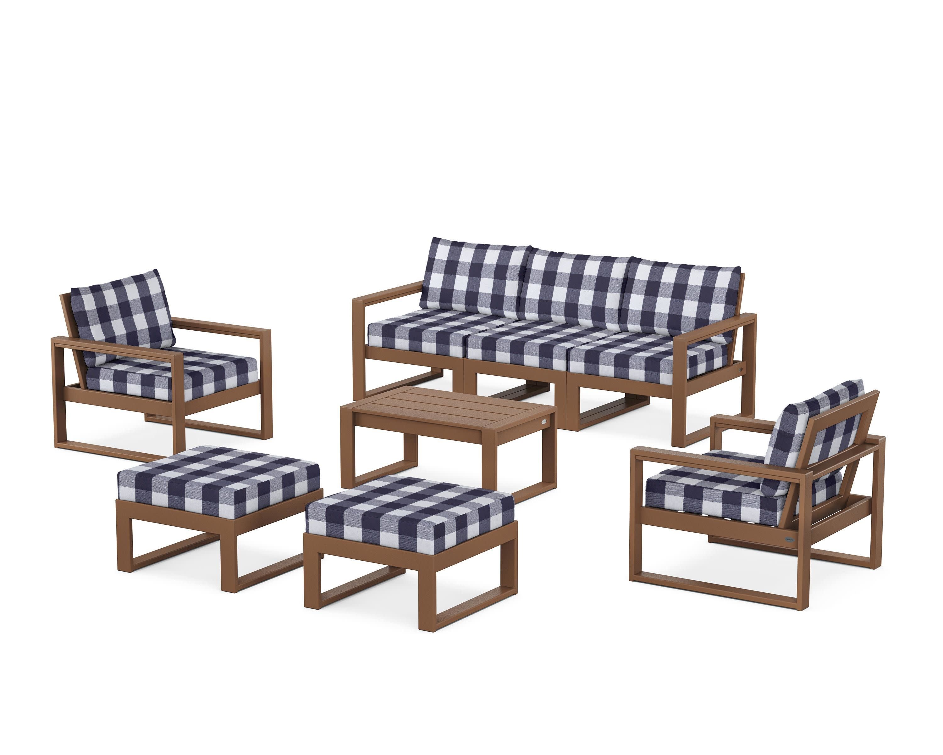 EDGE Sectional 8-Piece Lounge Sofa Set in Teak / Buffalo Plaid Navy