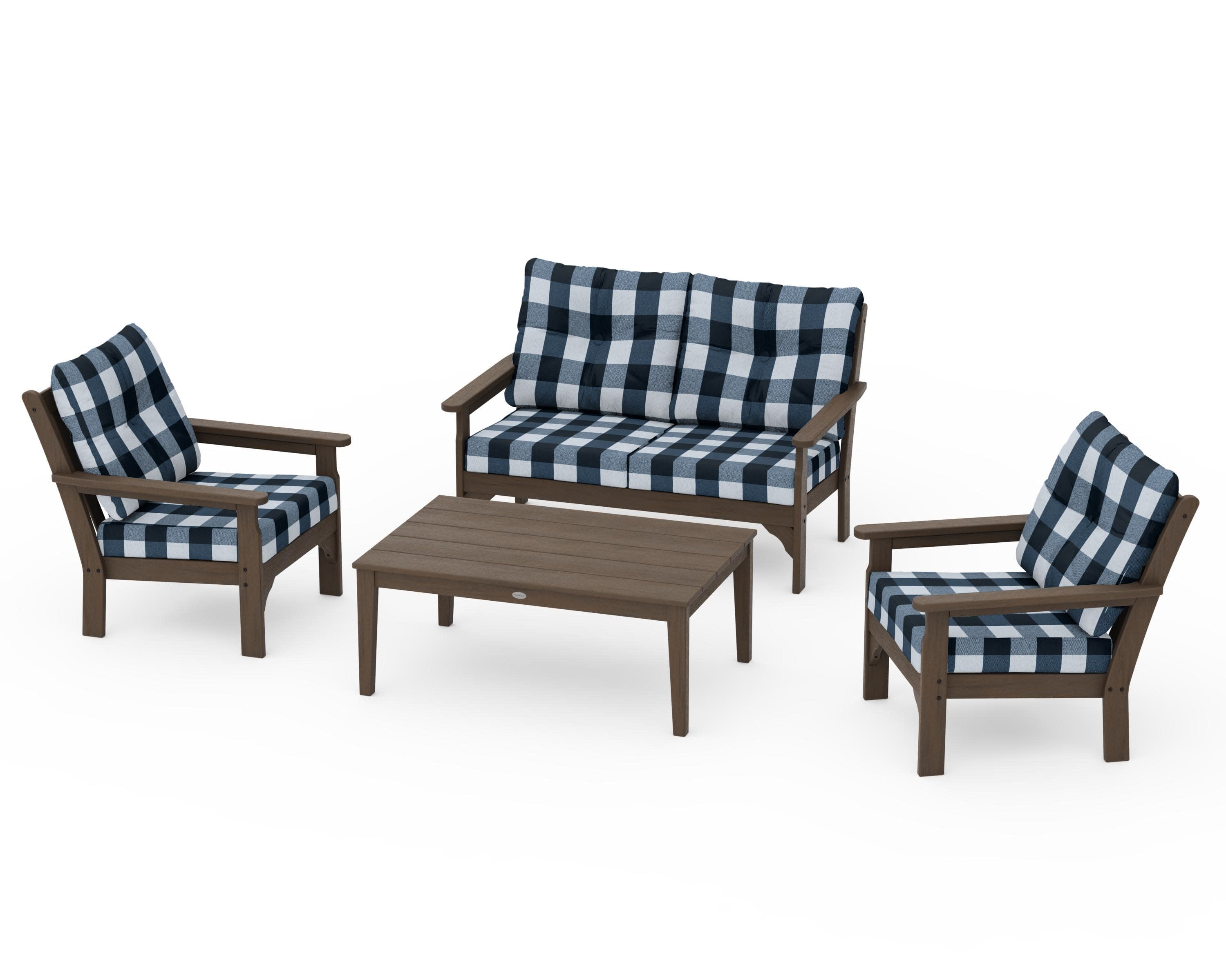 Vineyard 4-Piece Deep Seating Set in Kona / Buffalo Plaid Marine Indigo