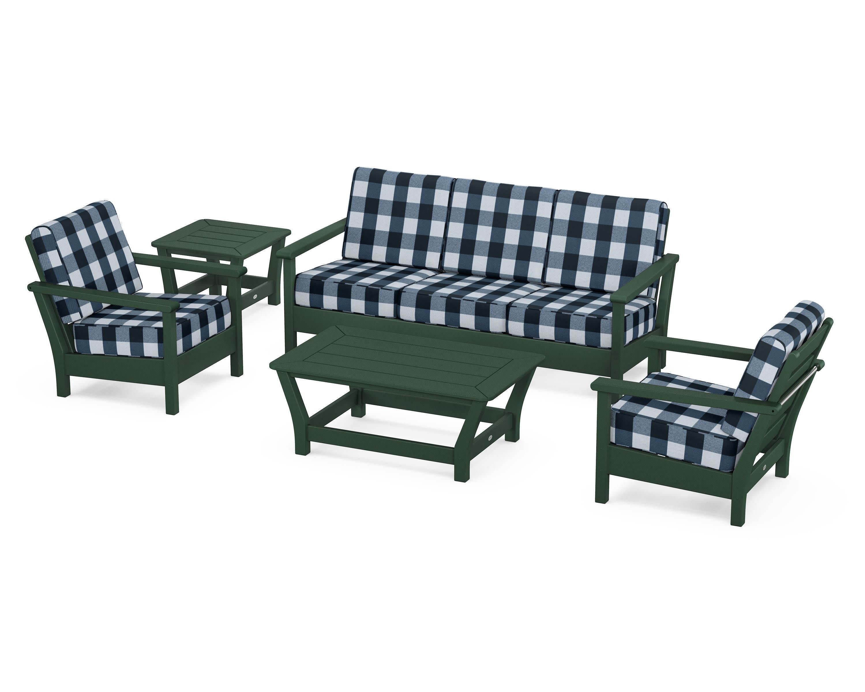 Harbour 5-Piece Deep Seating Set in Green / Buffalo Plaid Marine Indigo