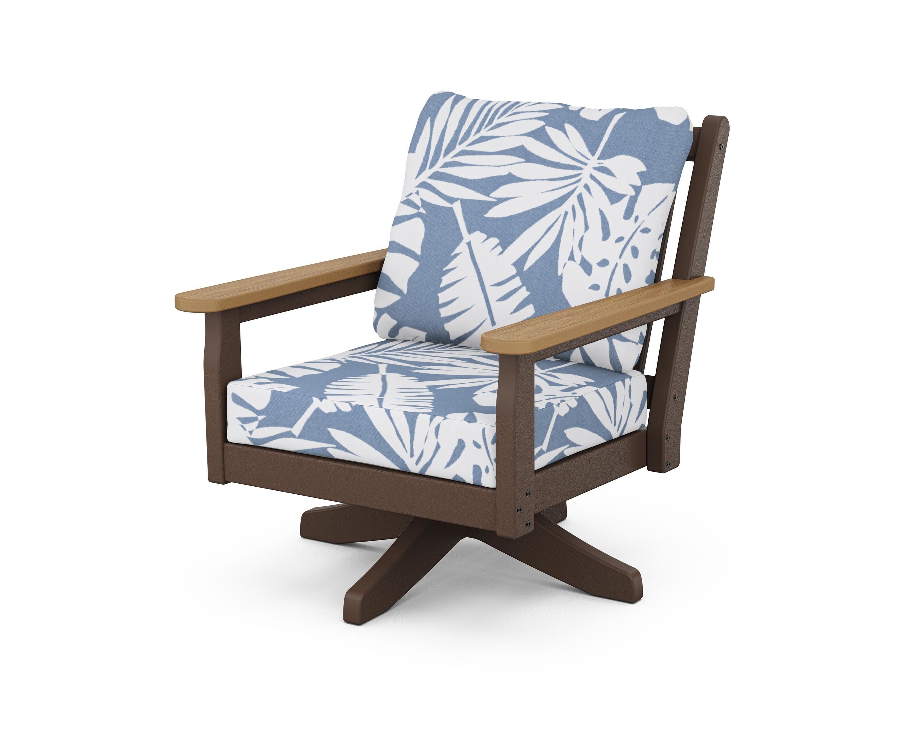 Chippendale Deep Seating Swivel Chair in Mahogany / Natural / Leaf Sky Blue