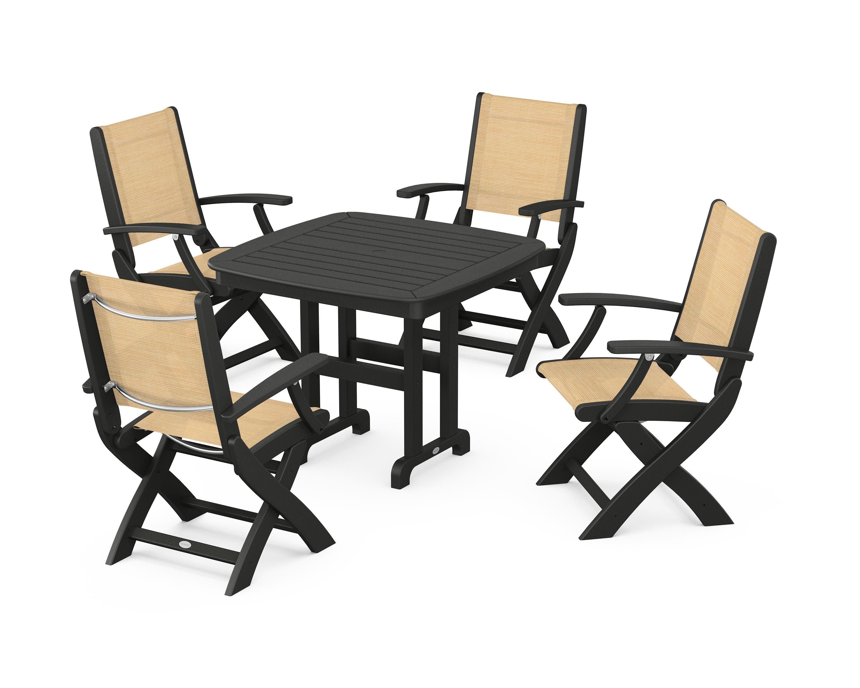 Coastal Folding Chair 5-Piece Dining Set in Black / Dupioni Apricot Sling
