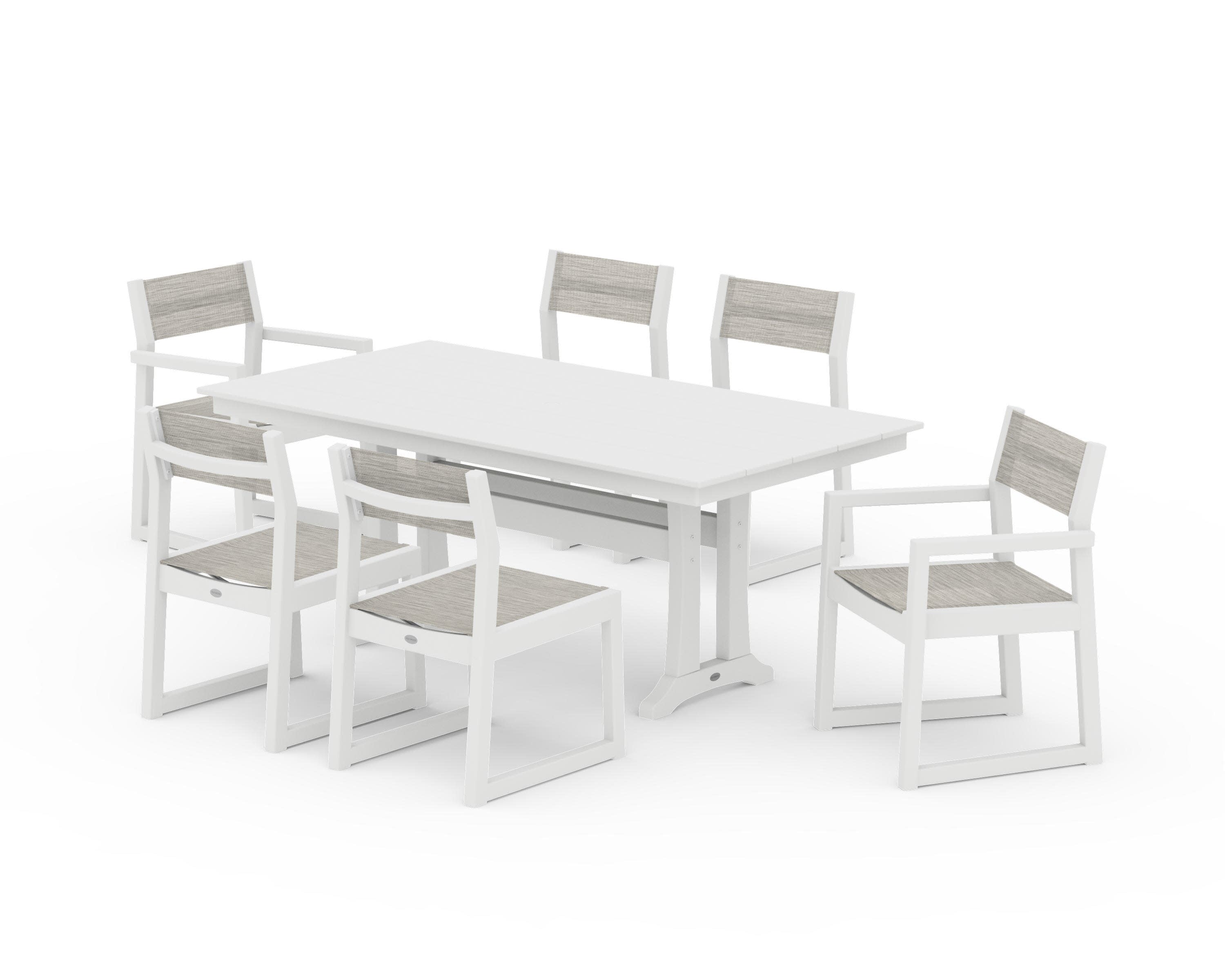 EDGE Sling 7-Piece Farmhouse Trestle Dining Set in White / Birch Sling