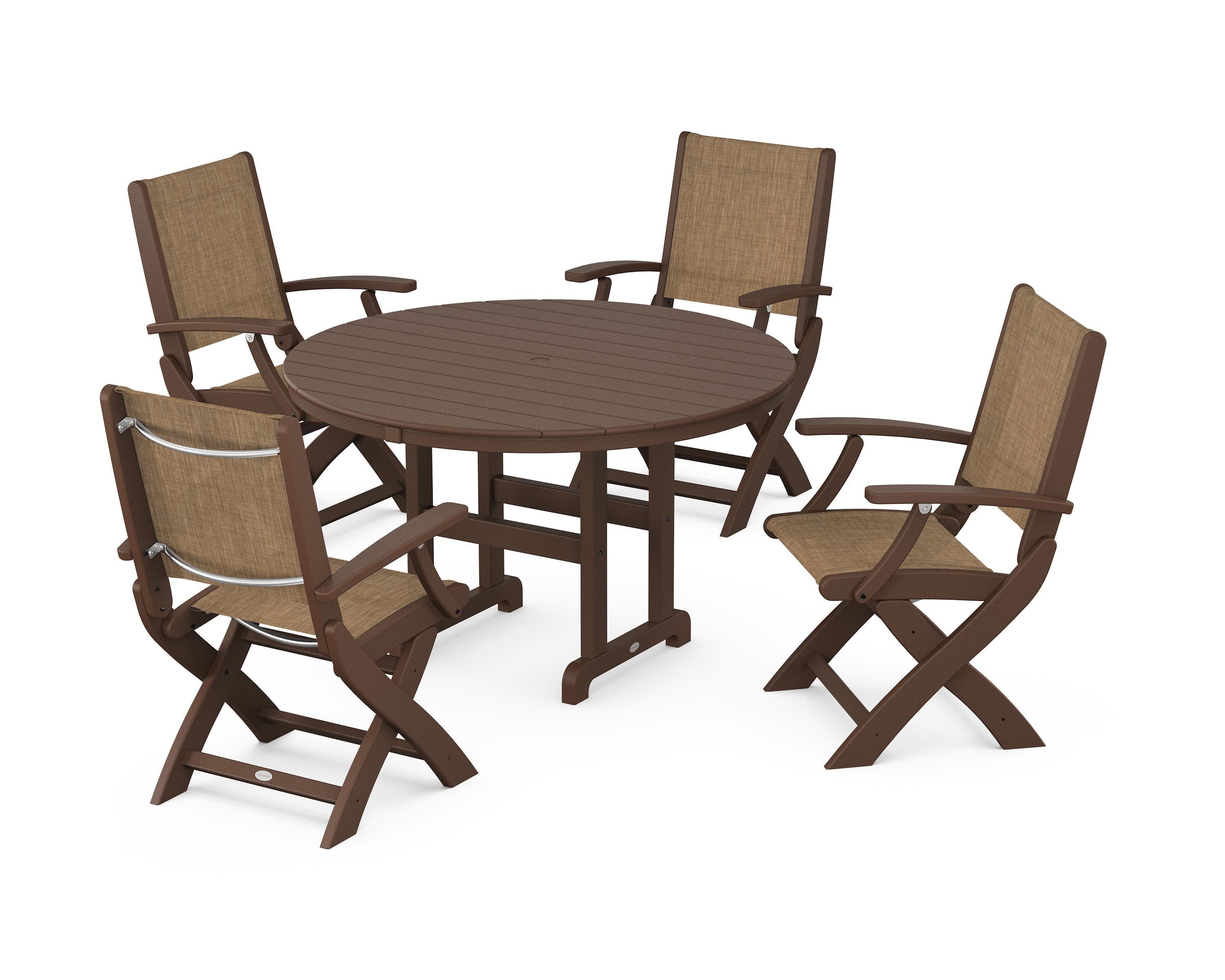 Coastal Folding Chair 5-Piece Round Dining Set in Mahogany / Burlap Sling