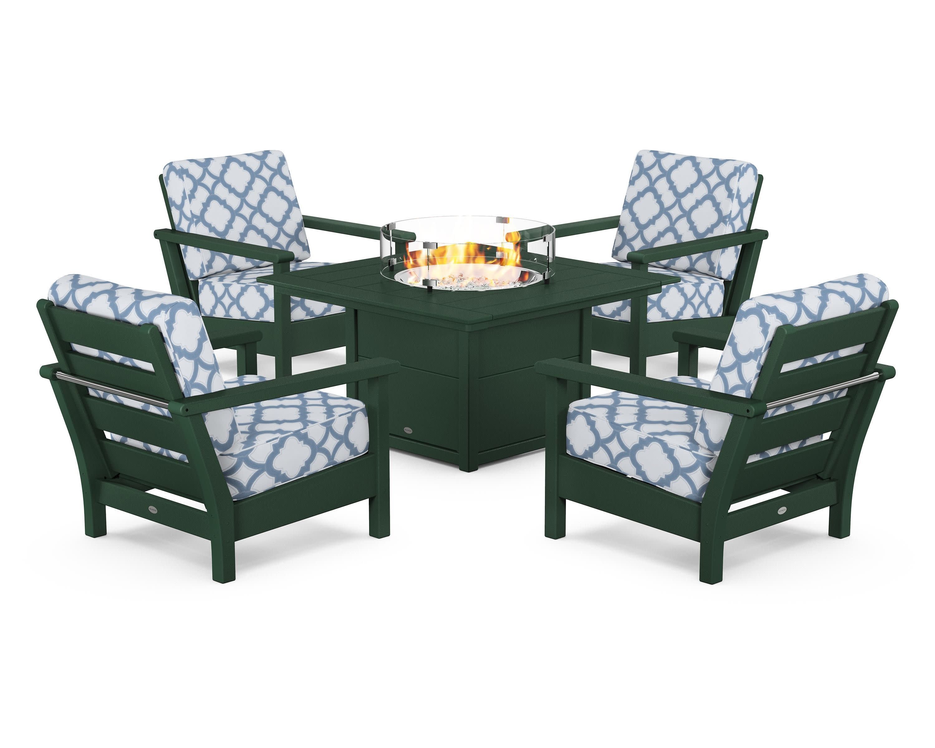Harbour 5-Piece Conversation Set with Fire Pit Table in Green / Trellis Sky Blue