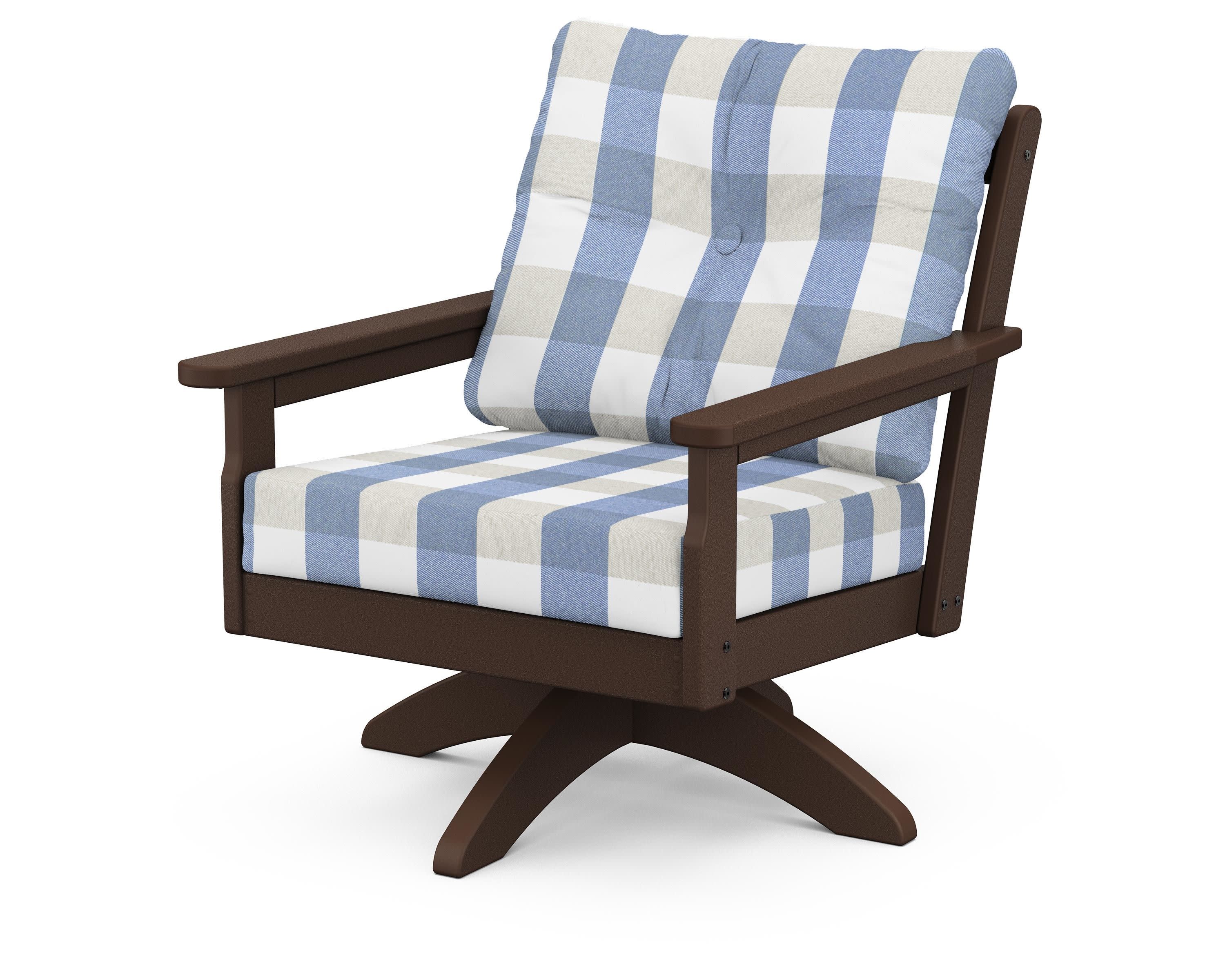 Vineyard Deep Seating Swivel Chair in Mahogany / Buffalo Plaid Sky Blue
