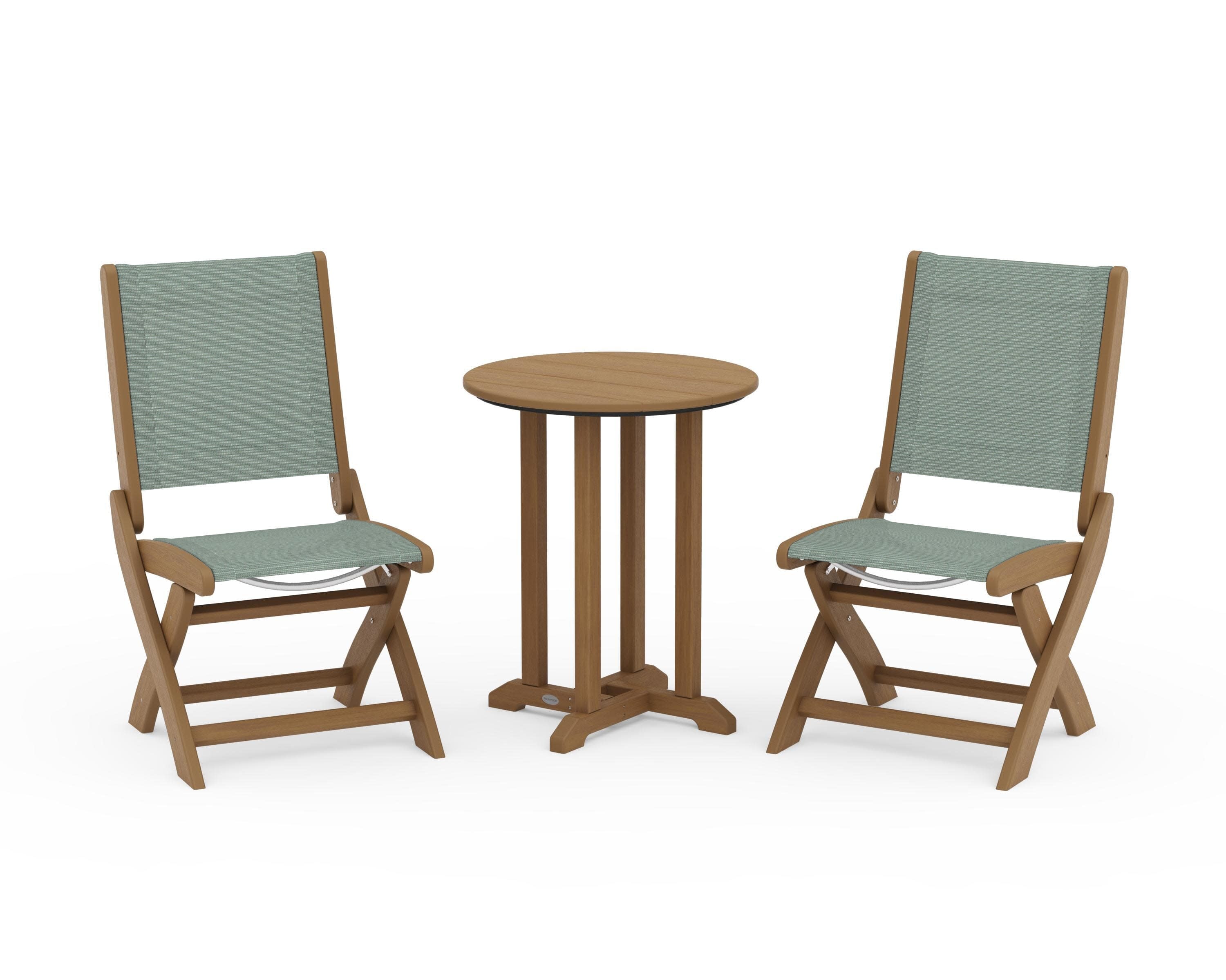 Coastal Folding Side Chair 3-Piece Round Bistro Dining Set in Natural / Dupioni Sea Mist Sling