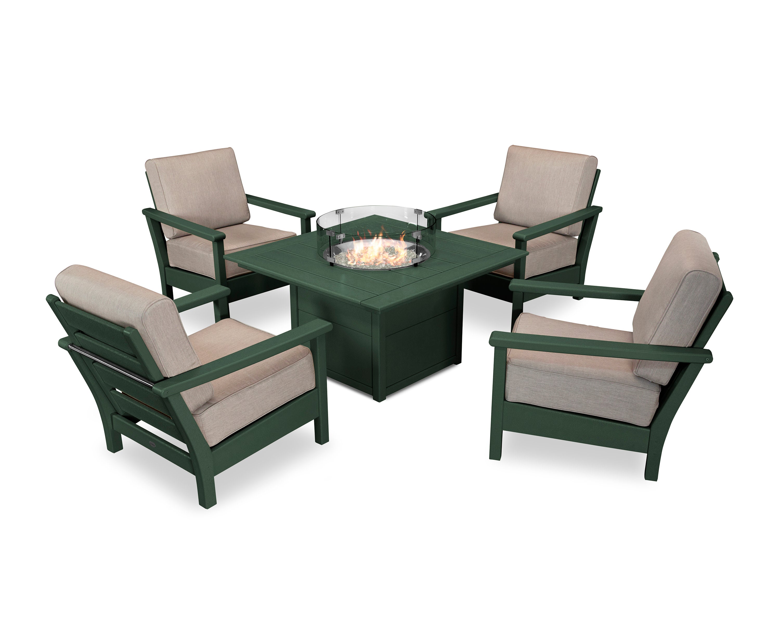Harbour 5-Piece Conversation Set with Fire Pit Table in Green / Cast Ash