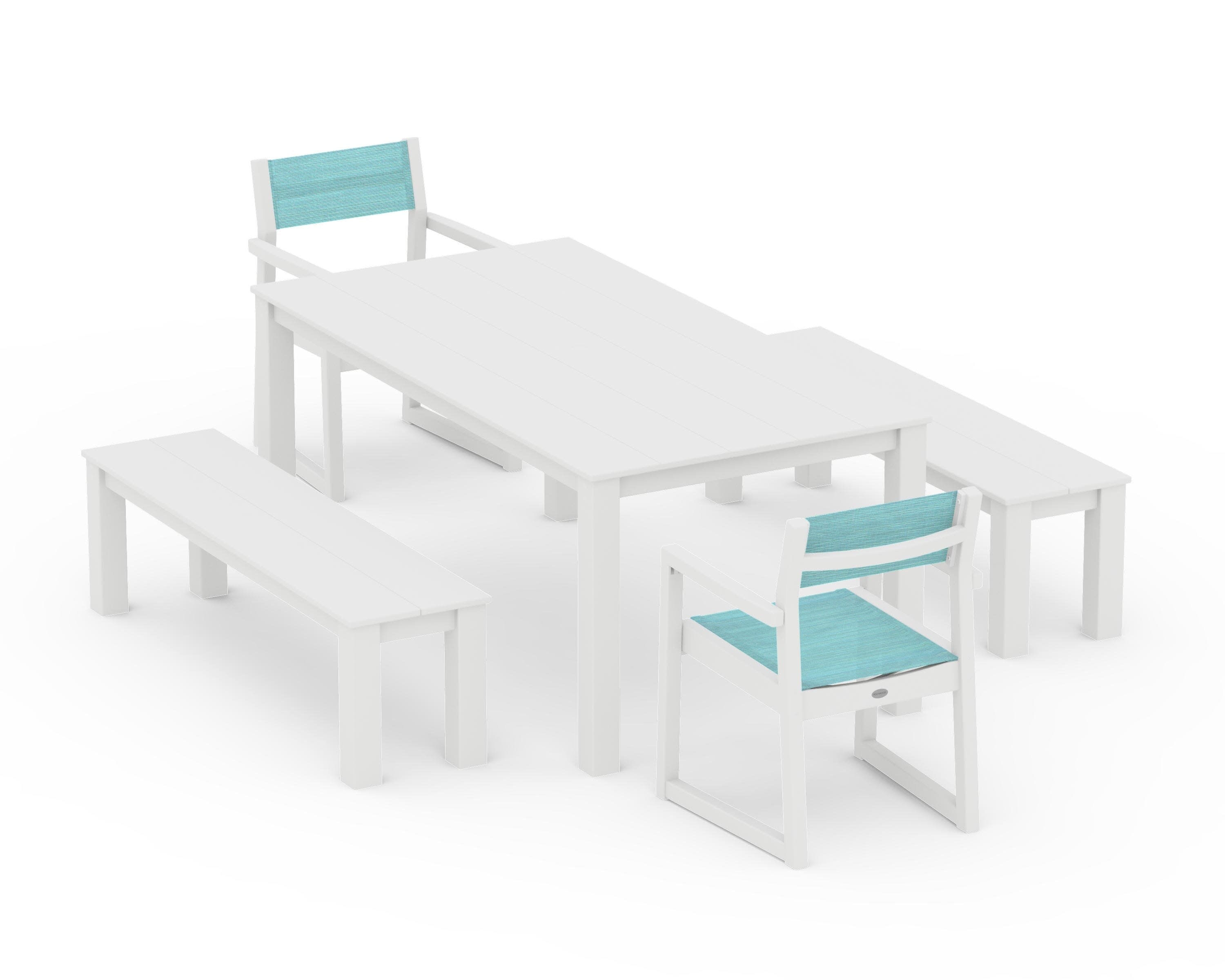 EDGE Sling Arm Chair 5-Piece Parsons Dining Set with Benches in White / Dupioni Aquamarine Sling