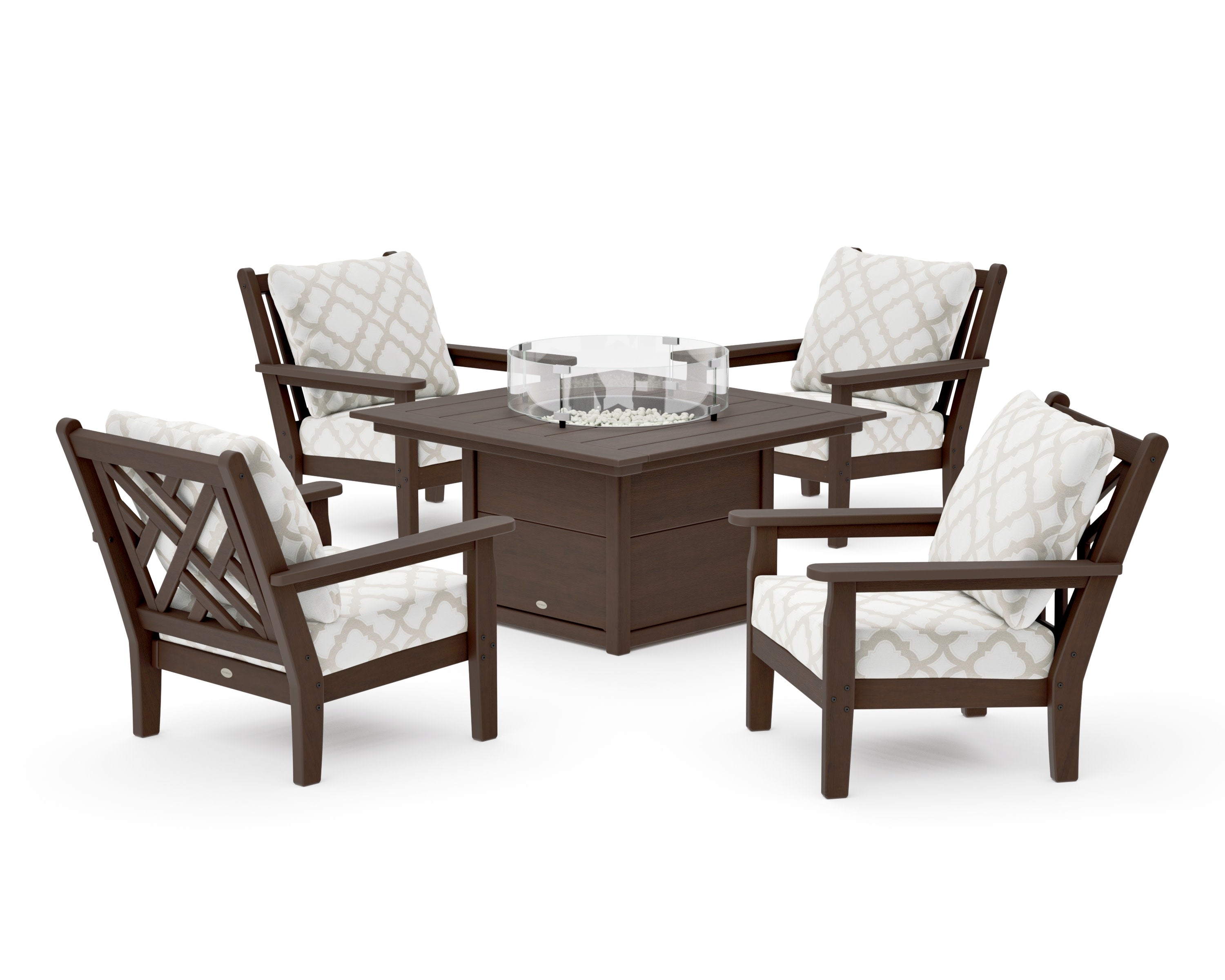 Chippendale 5-Piece Deep Seating Set with Fire Pit Table in Kona / Trellis Dune Burlap
