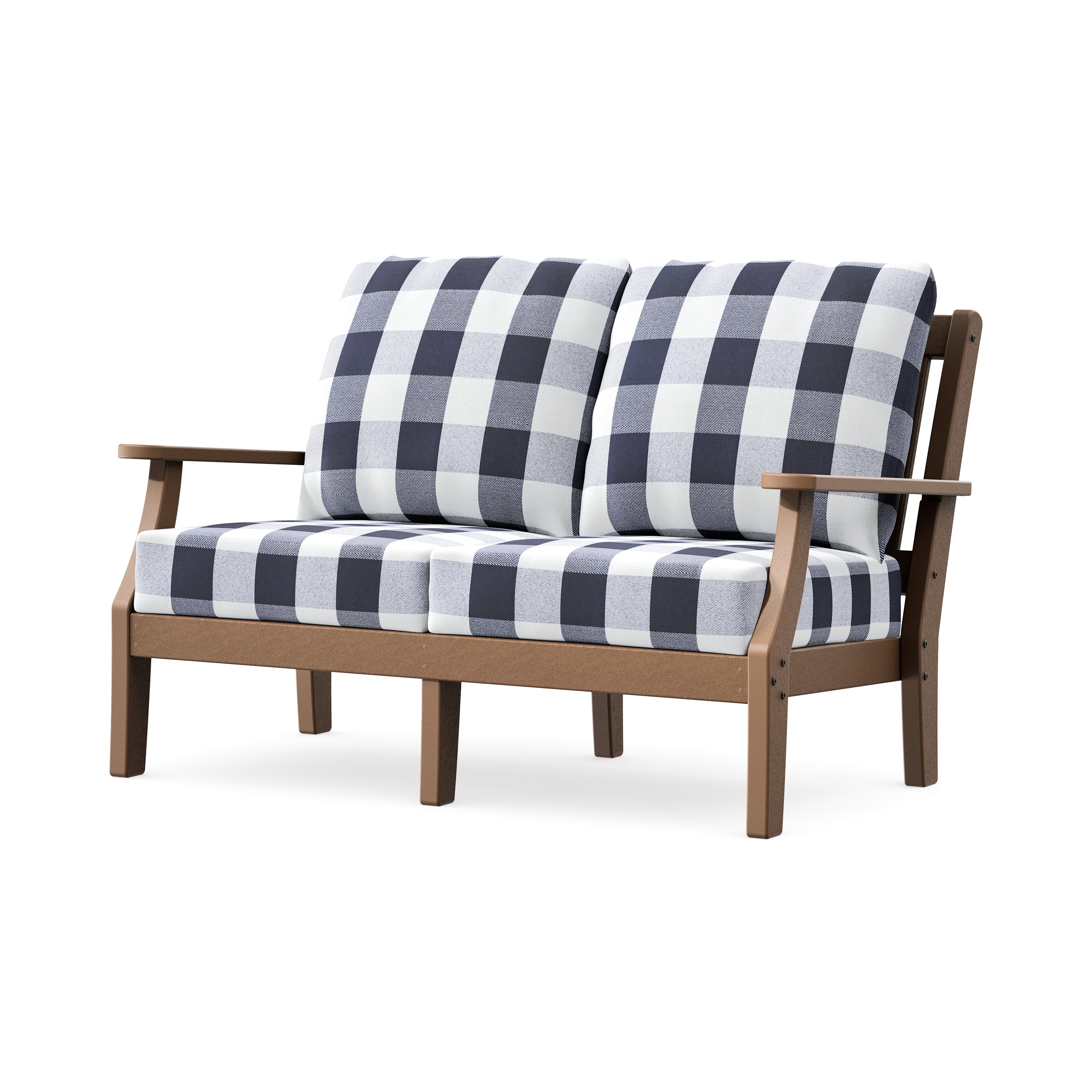 Chinoiserie Deep Seating Loveseat in Teak / Buffalo Plaid Navy