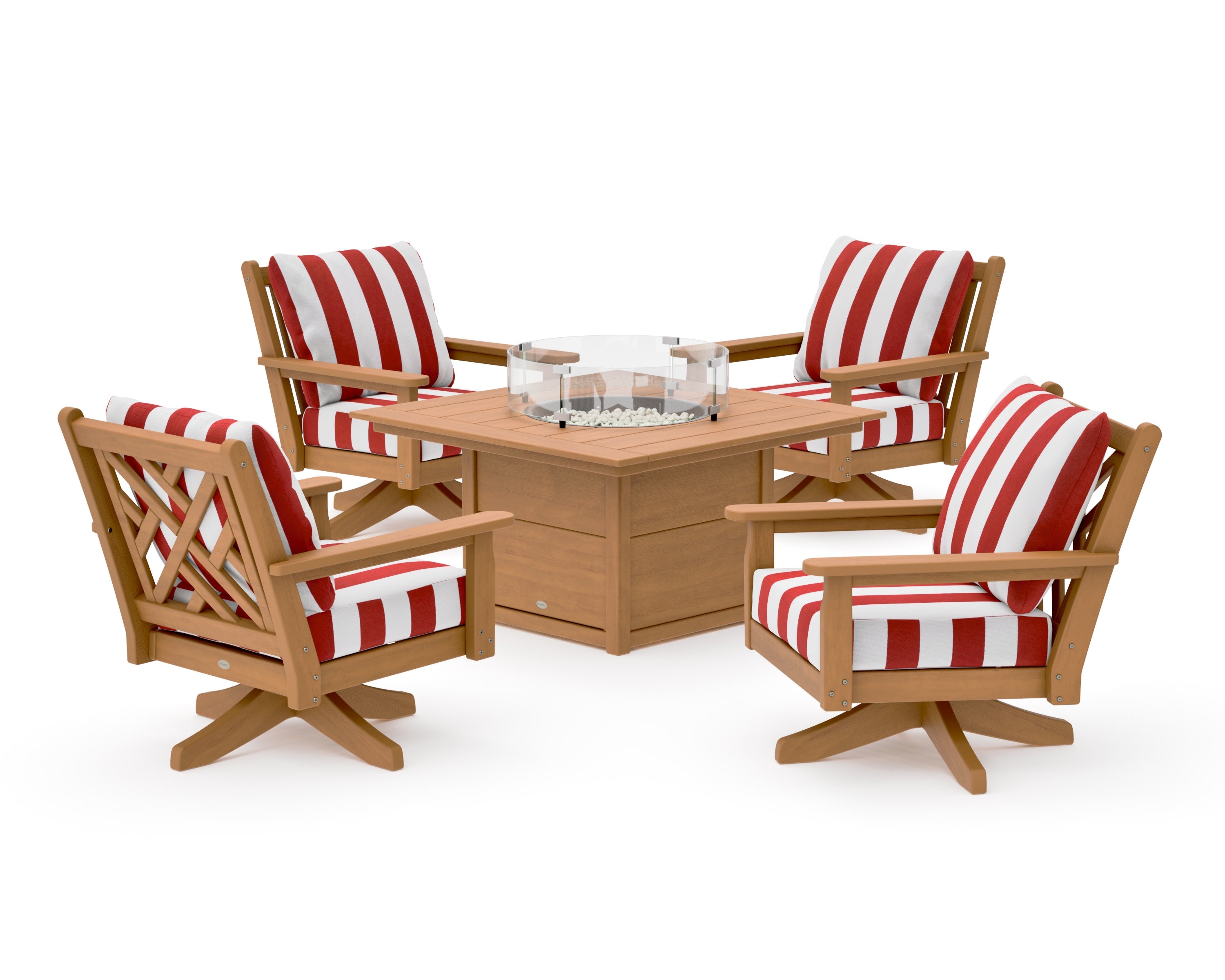 Chippendale 5-Piece Deep Seating Swivel Conversation Set with Fire Pit Table in Natural / Cabana Stripe Crimson