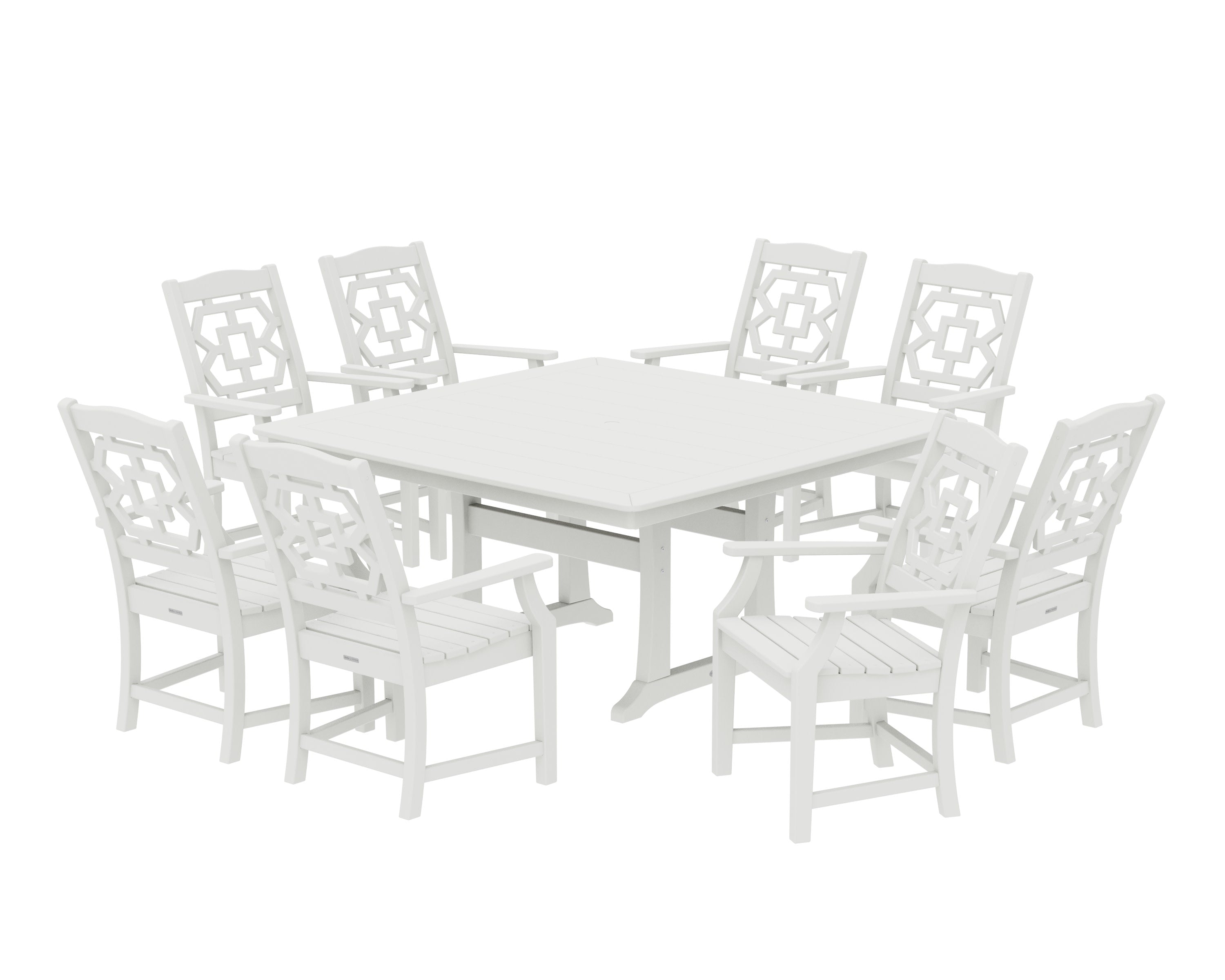 Chinoiserie 9-Piece Square Dining Set with Trestle Legs in Vintage White