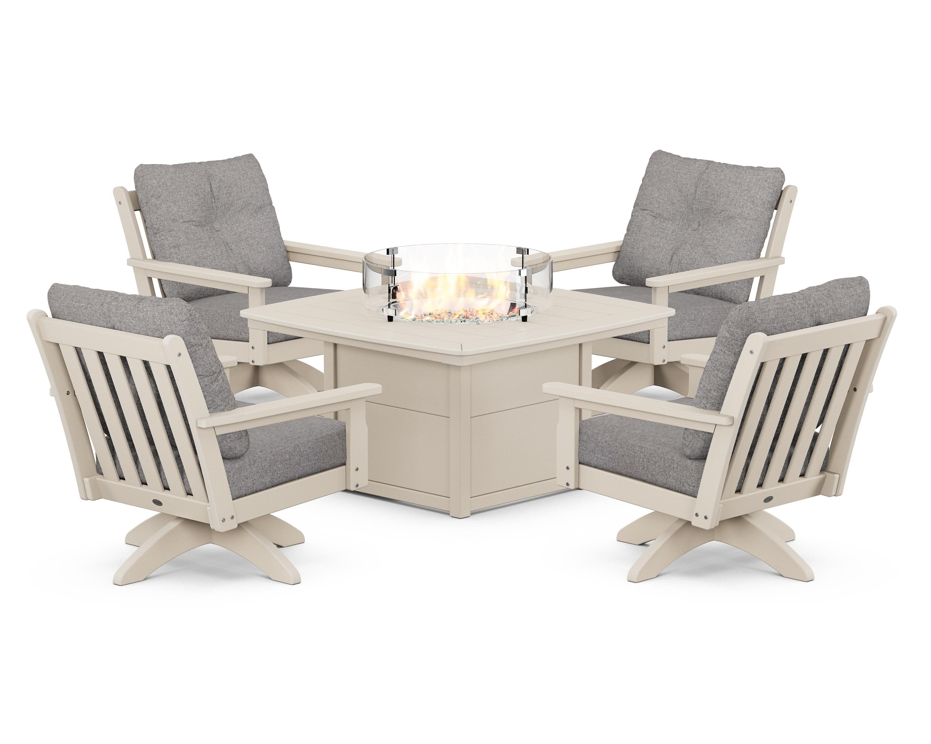 Vineyard 5-Piece Deep Seating Swivel Conversation Set with Fire Pit Table in Sand / Grey Mist