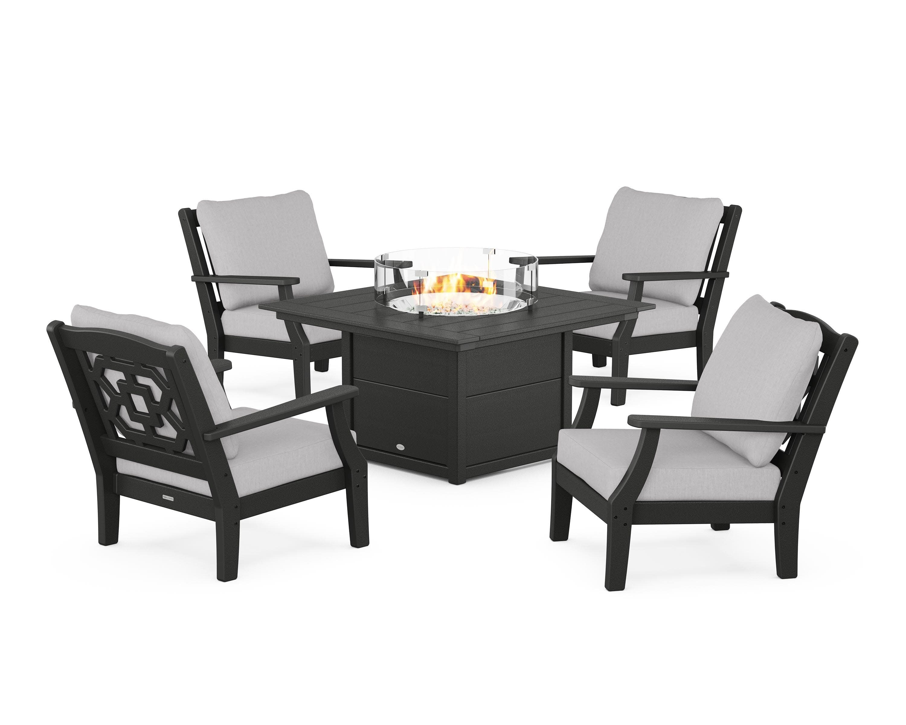 Chinoiserie 5-Piece Deep Seating Set with Fire Pit Table in Black / Granite