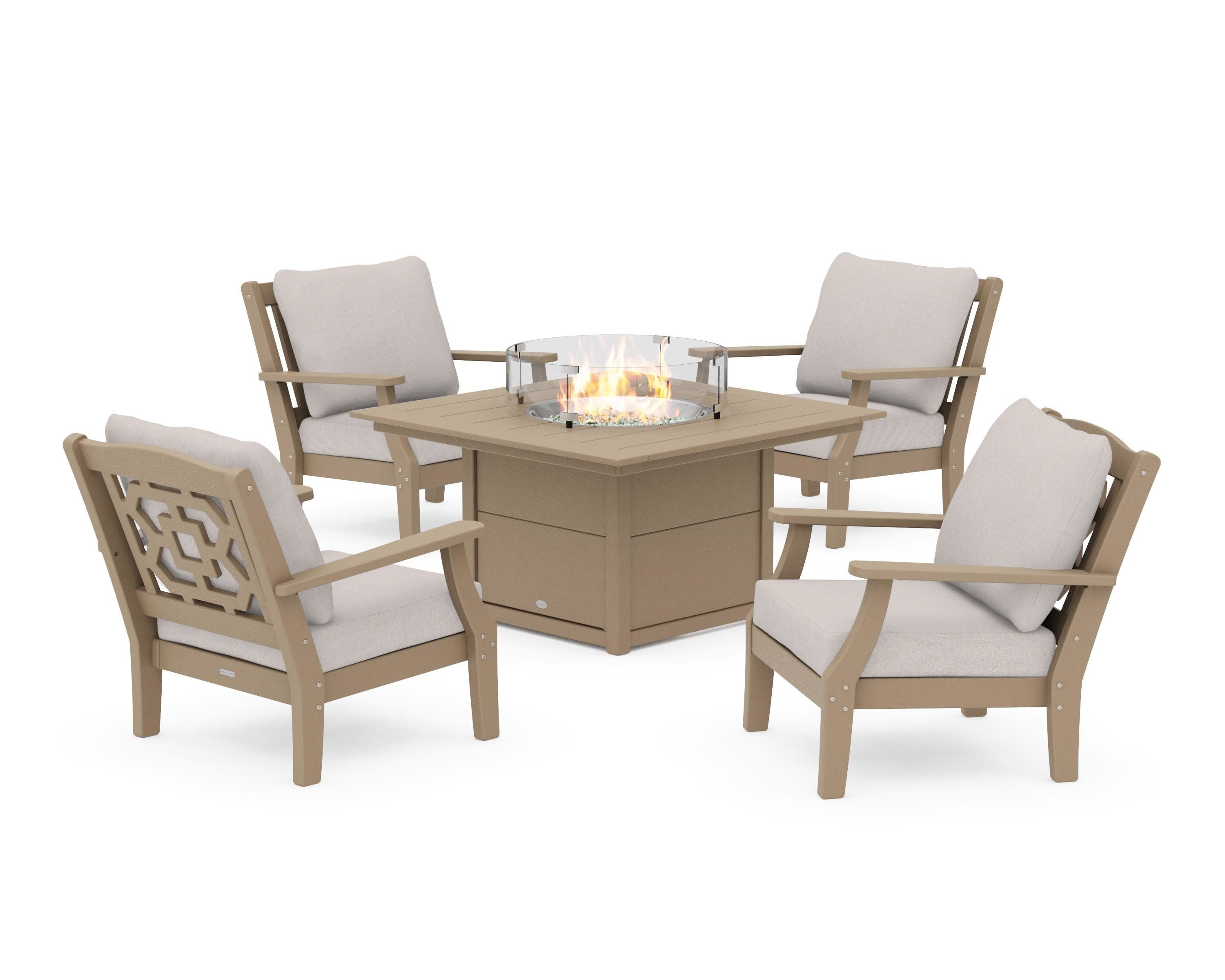 Chinoiserie 5-Piece Deep Seating Set with Fire Pit Table in Vintage Sahara / Dune Burlap