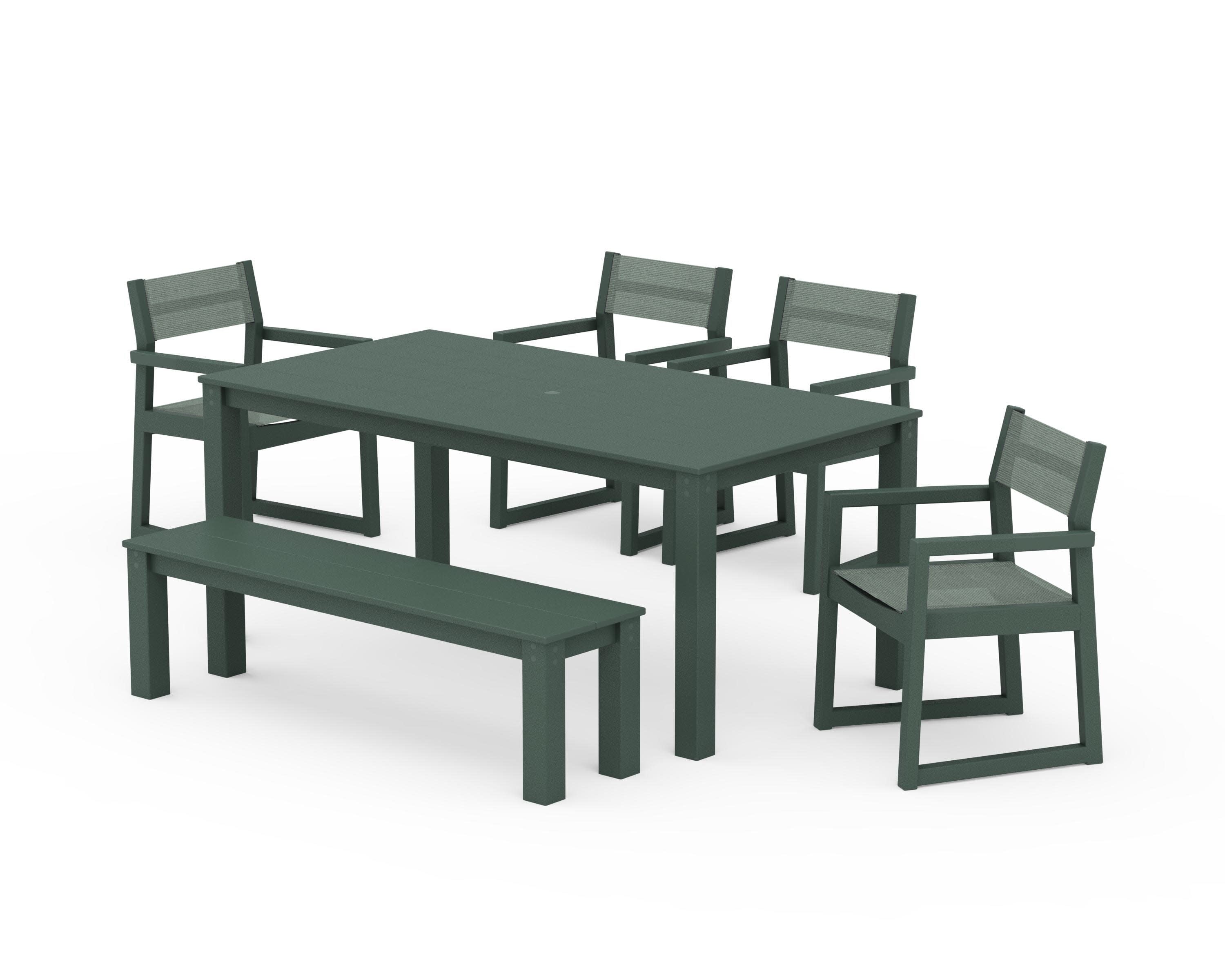 EDGE Sling Arm Chair 6-Piece Parsons Dining Set with Bench in Green / Dupioni Sea Mist Sling