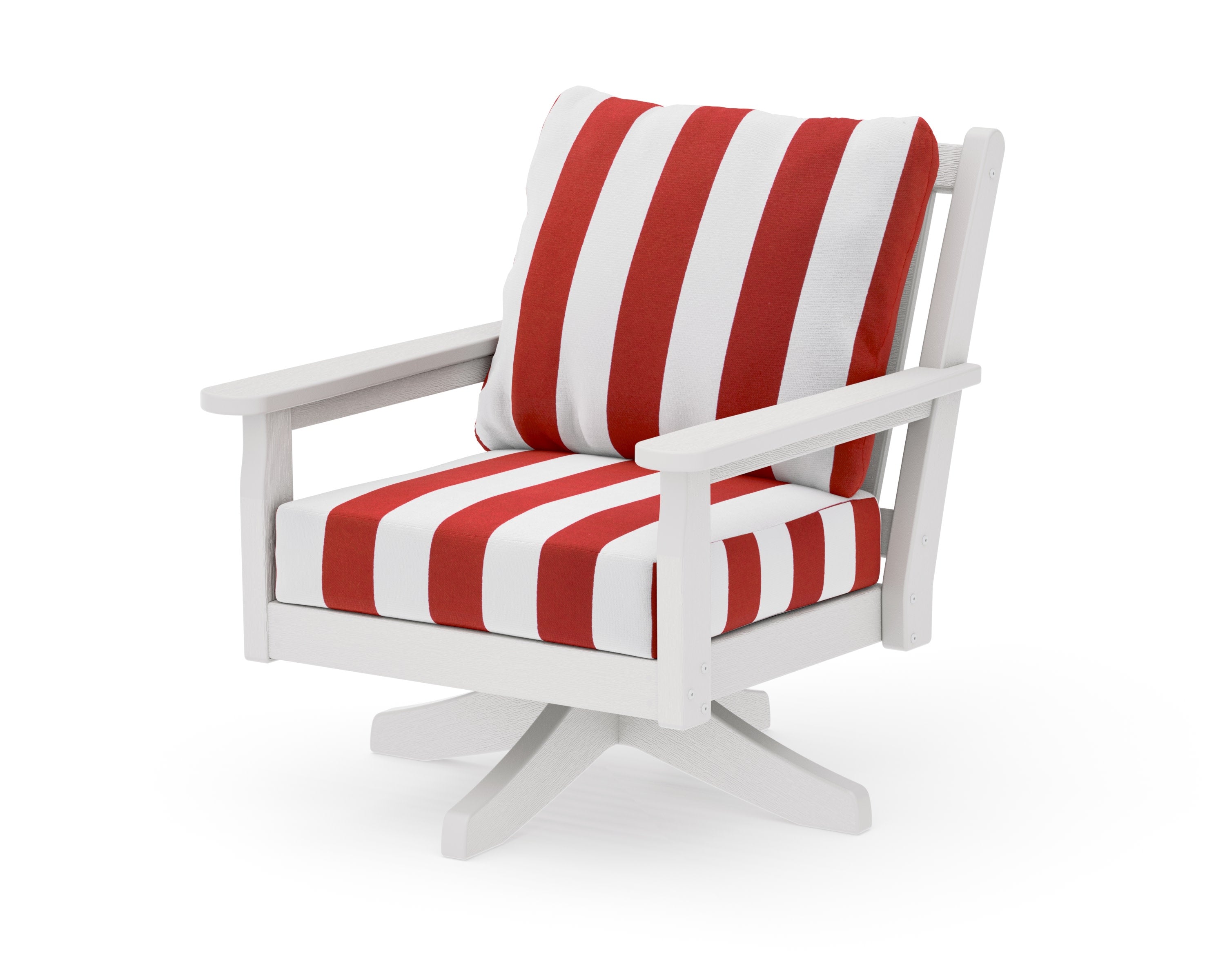 Chippendale Deep Seating Swivel Chair in Vintage White / Cabana Stripe Crimson