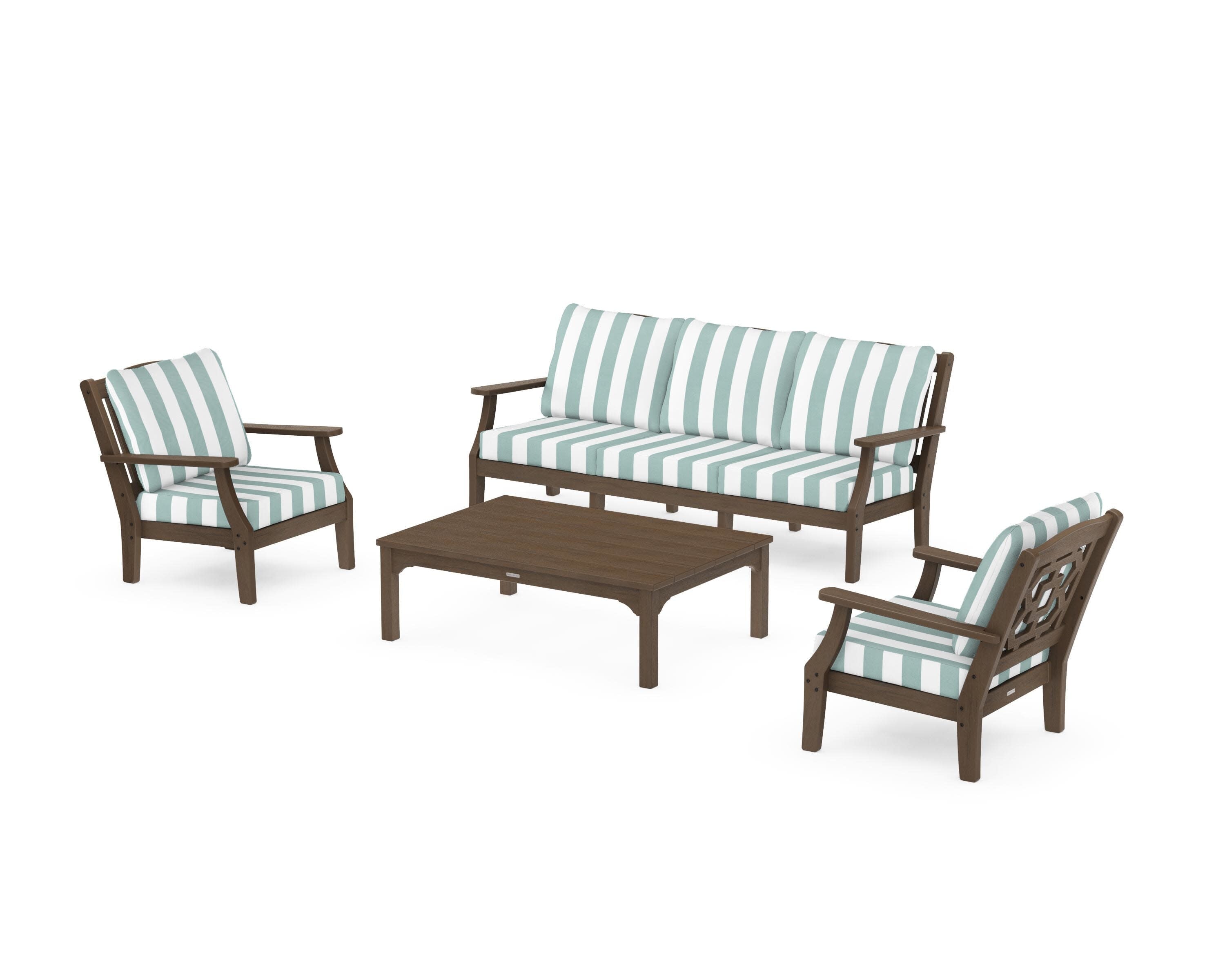 Chinoiserie 4-Piece Deep Seating Set with Sofa in Kona / Cabana Stripe Glacier Spa