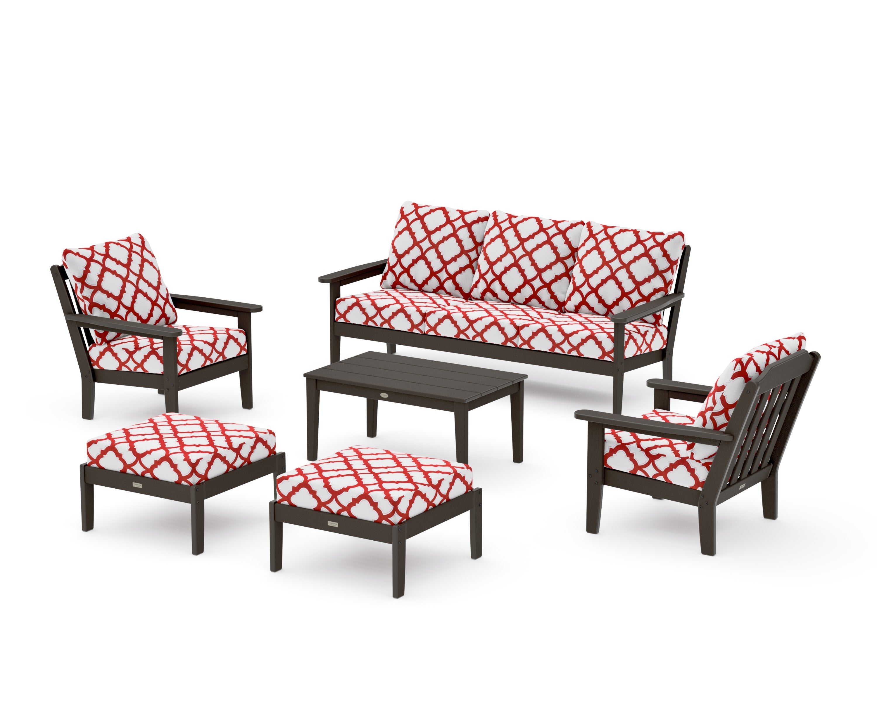 Cottage 6-Piece Lounge Sofa Set in Vintage Coffee / Trellis Crimson