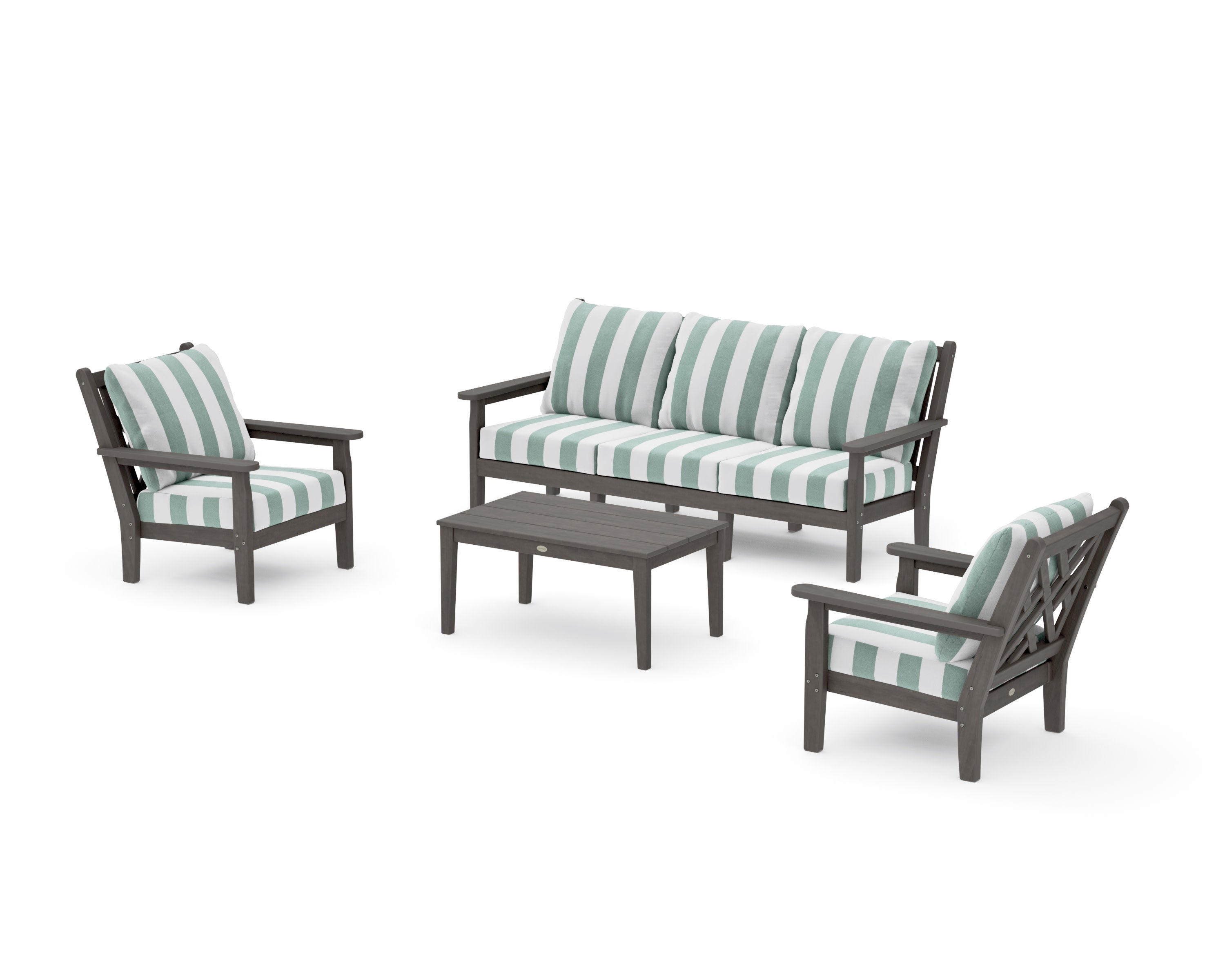 Chippendale 4-Piece Deep Seating Set with Sofa in Driftwood / Cabana Stripe Glacier Spa